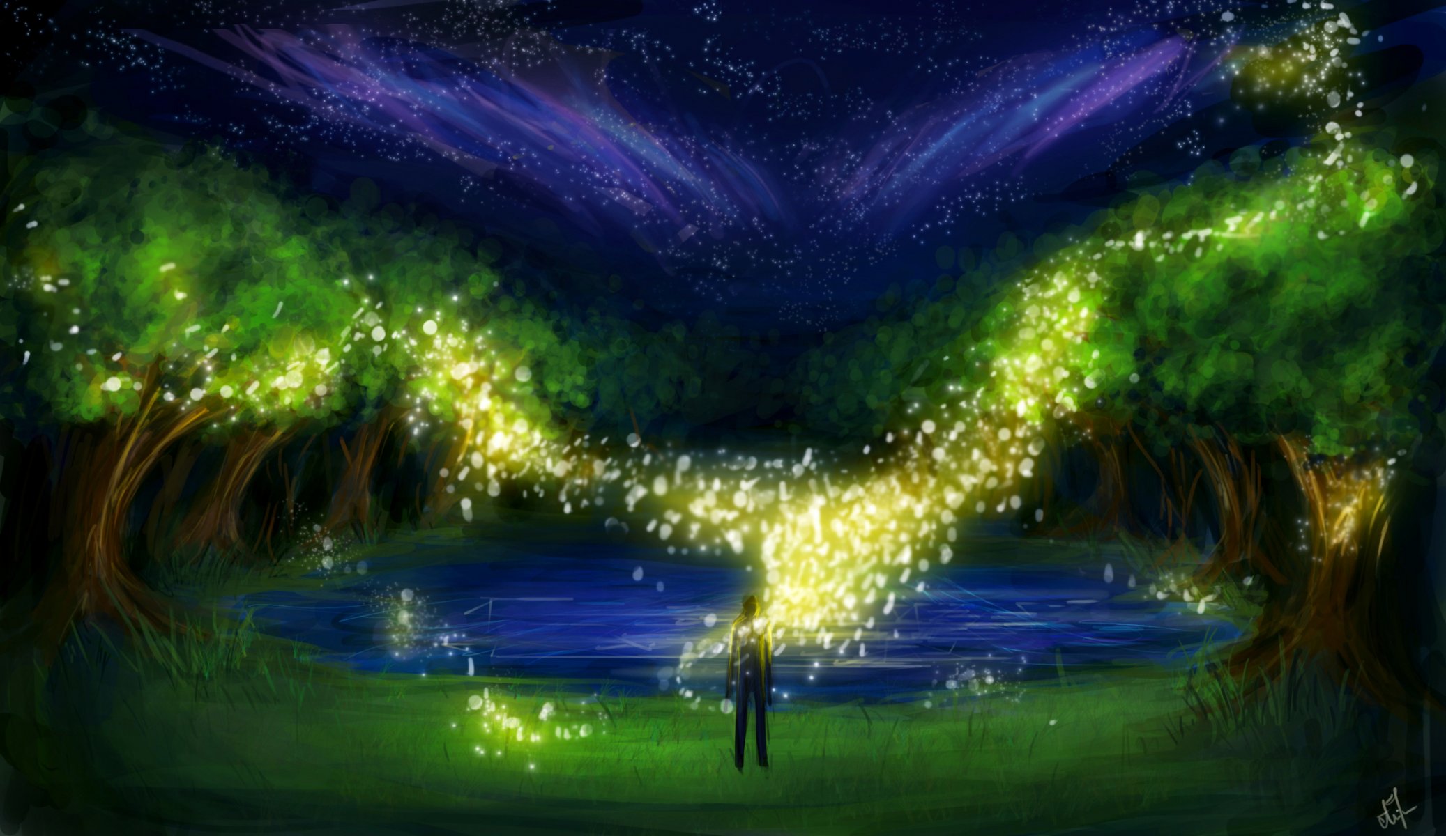 art night tree man lights sparks fireflies lake gra