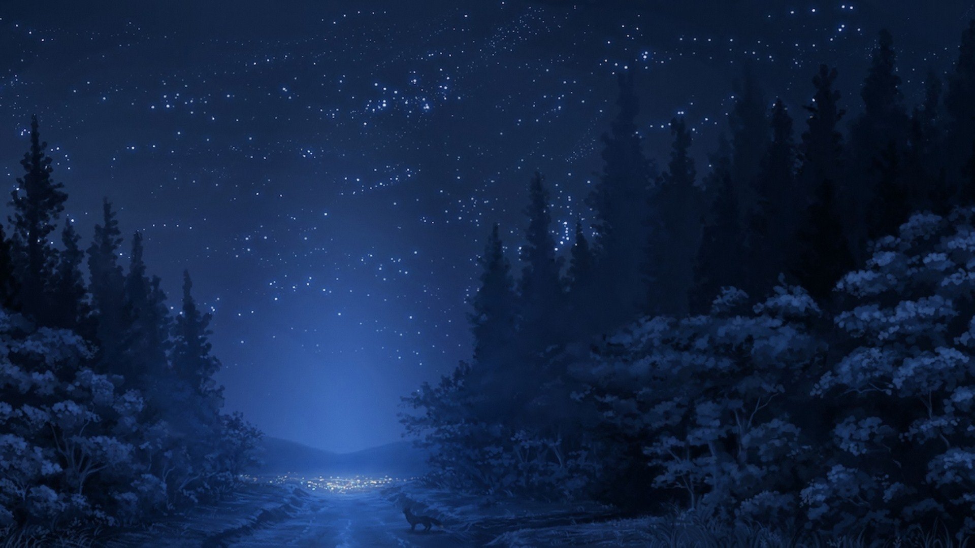 wald schnee berge straße winter bäume himmel nacht sterne fuchs