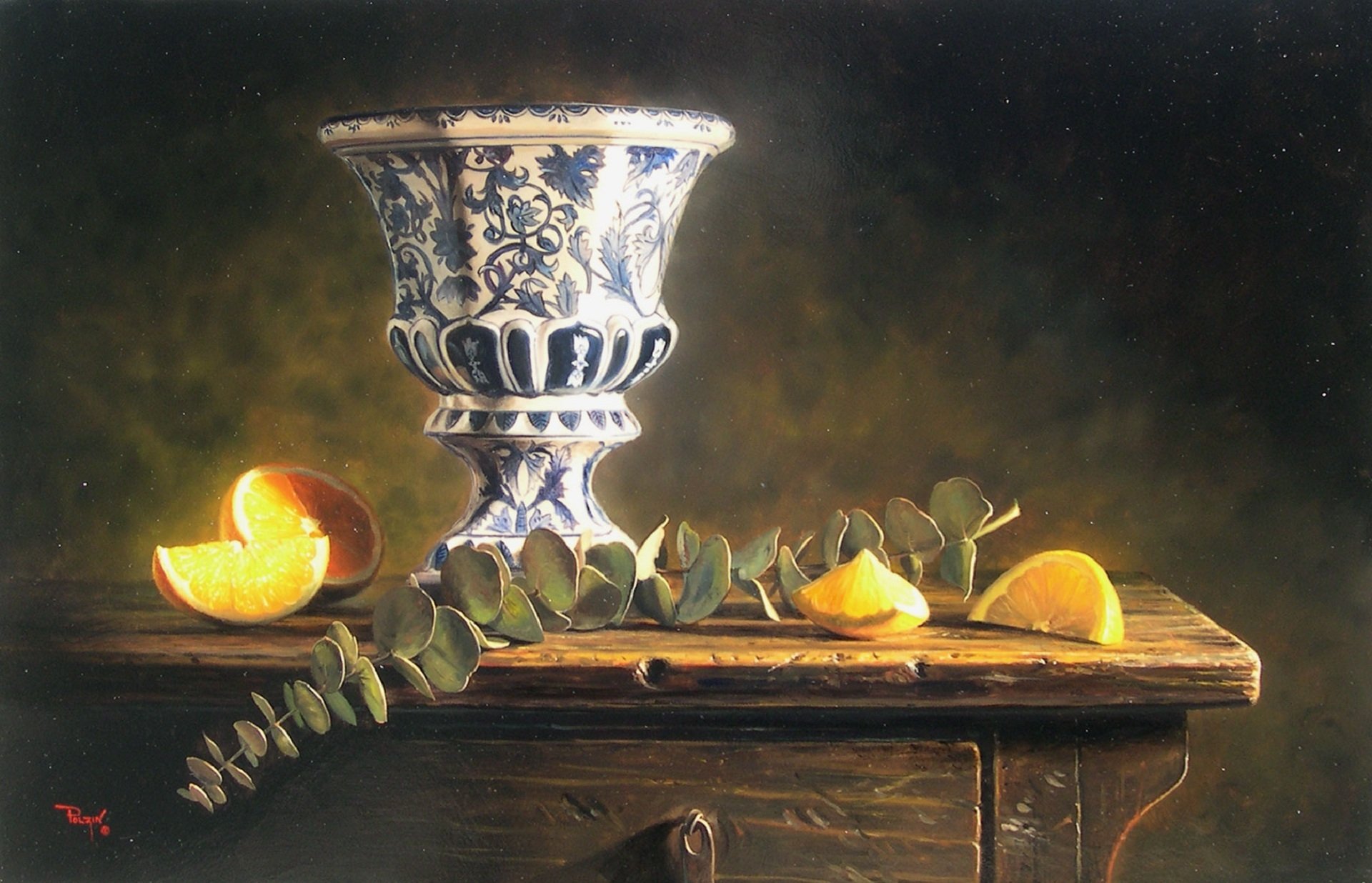 kyle polzin picture pattern reproduction still life table vase bowl lemon close up