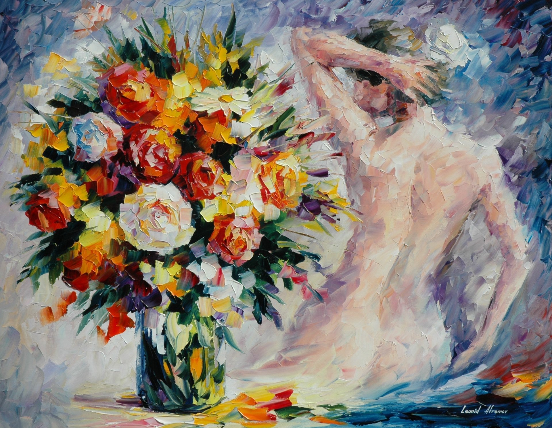 leonid afremov malerei blumen blumenstrauß vase mädchen rücken hände