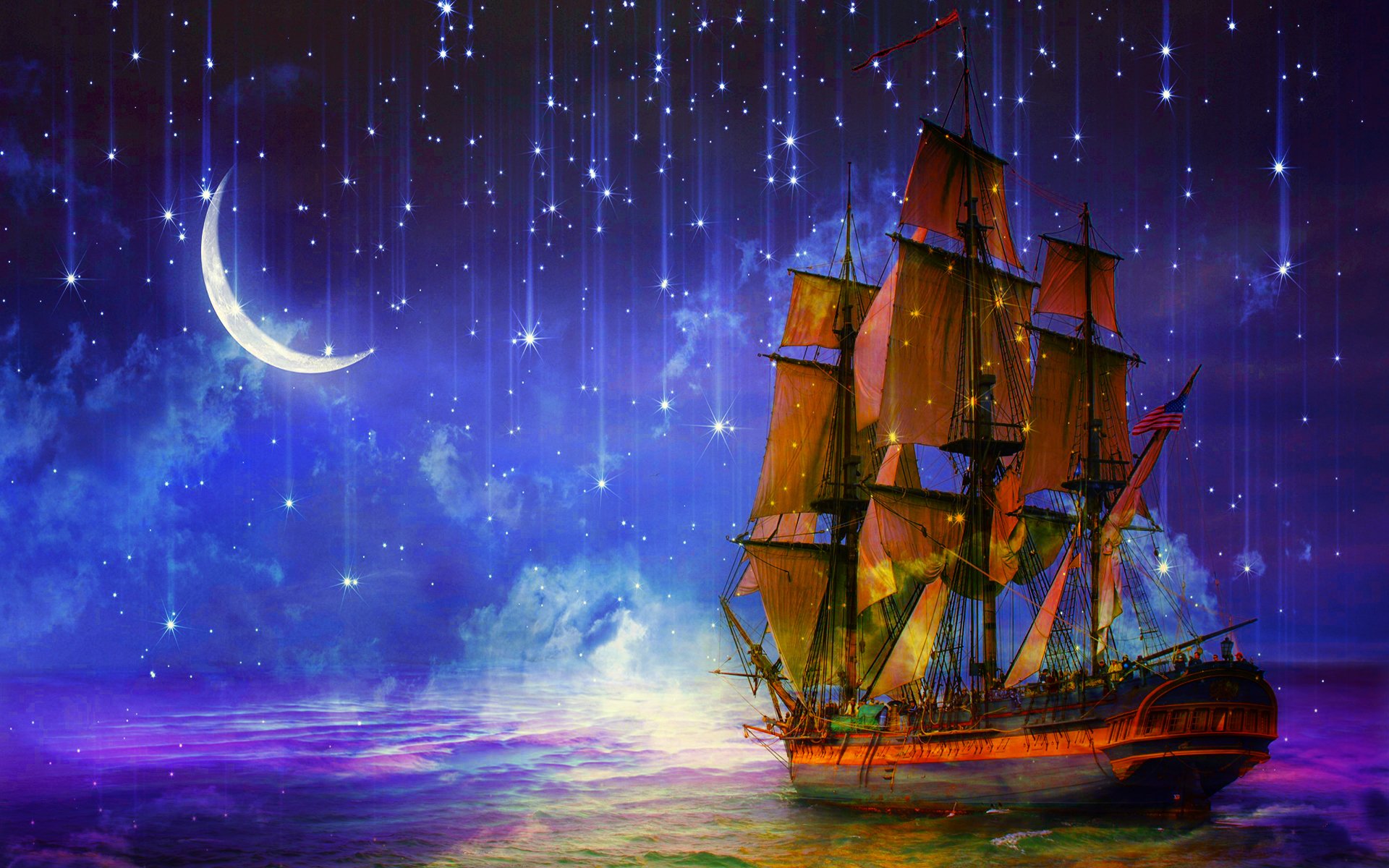 art ship sailboats sea night crescent