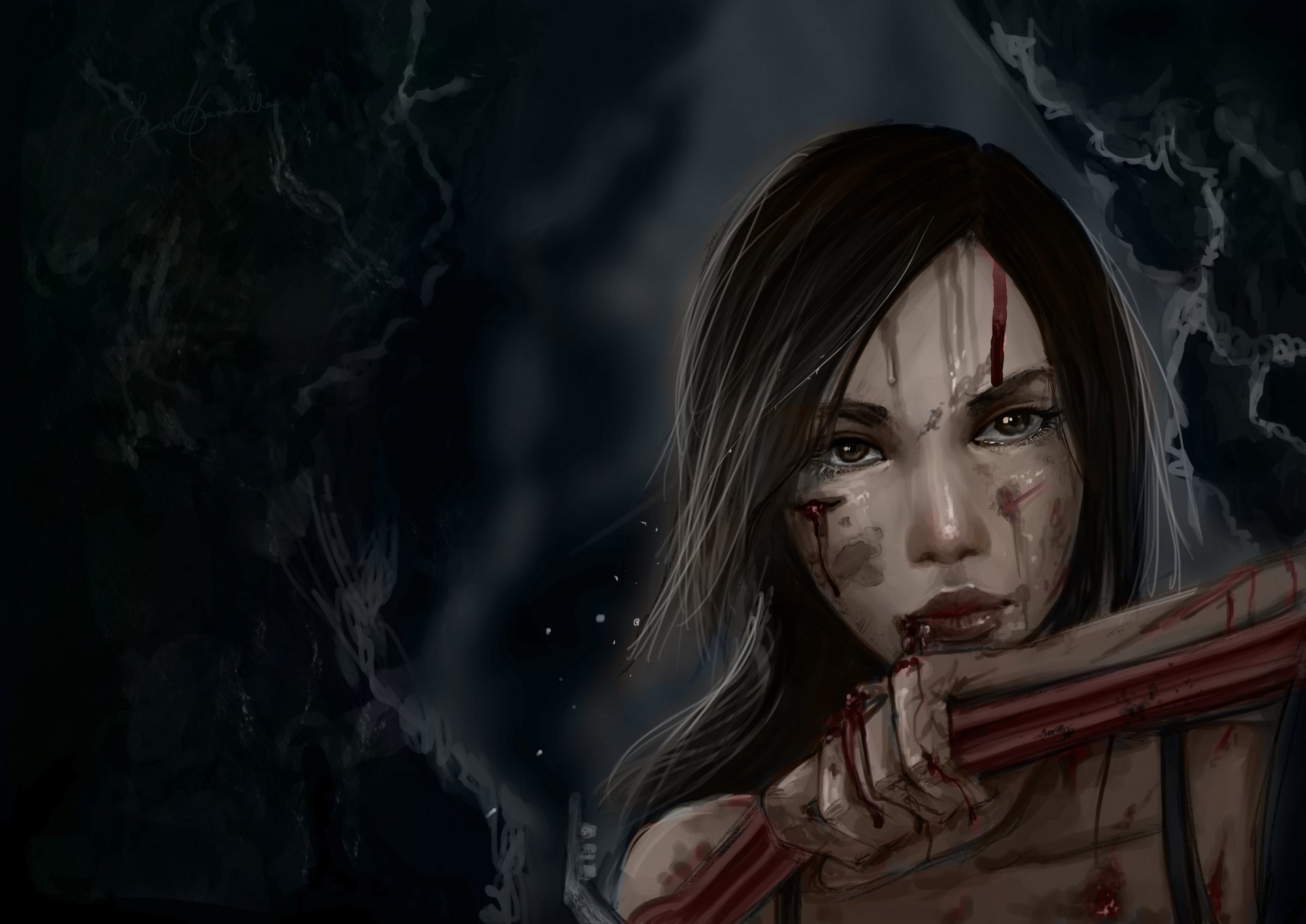 arte lara croft chica sangre heridas cara