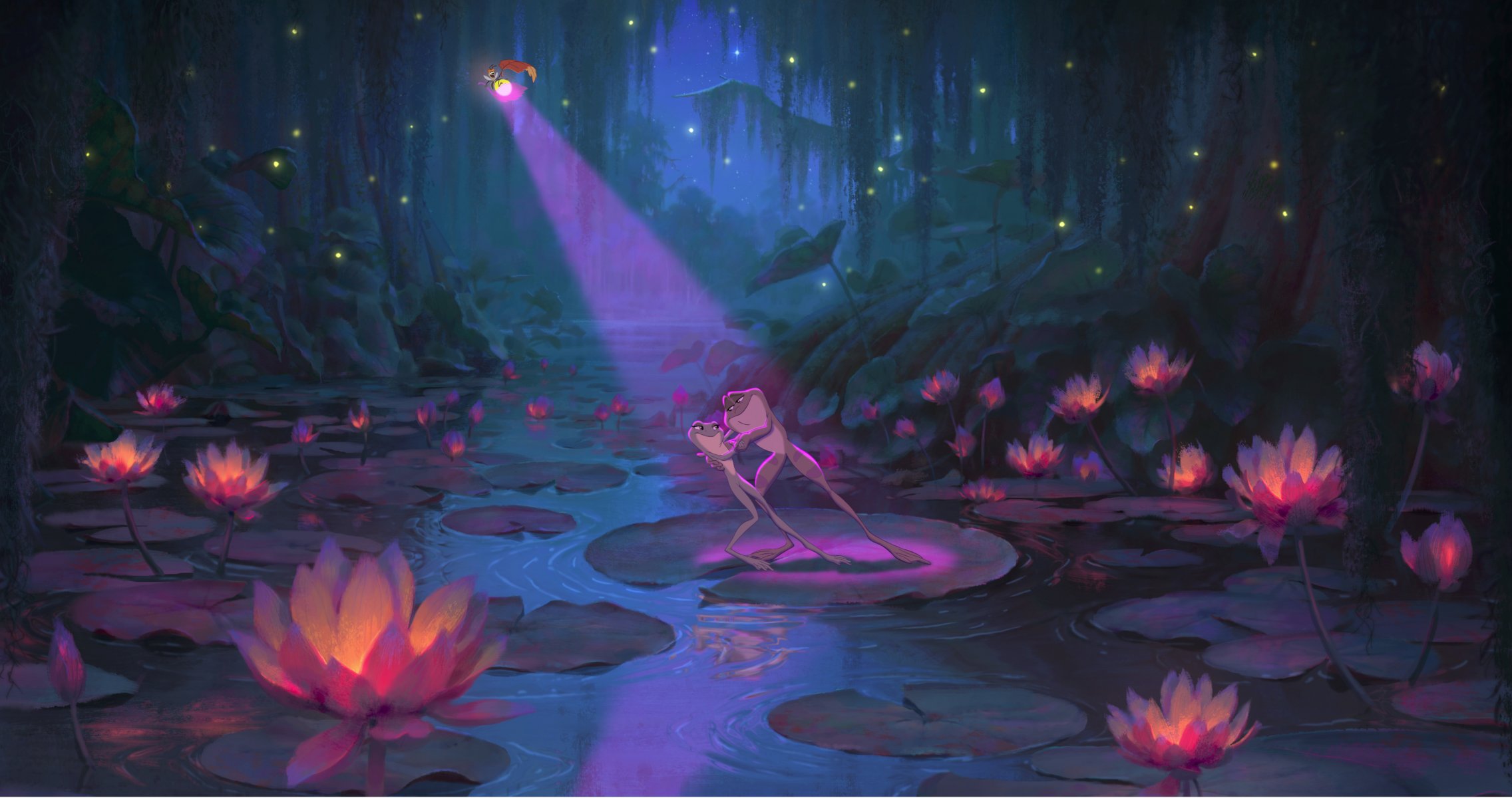 prinzessin und frosch frosch tiana frosch navin strahlen disney nacht lichter glühwürmchen lotusblumen cartoon