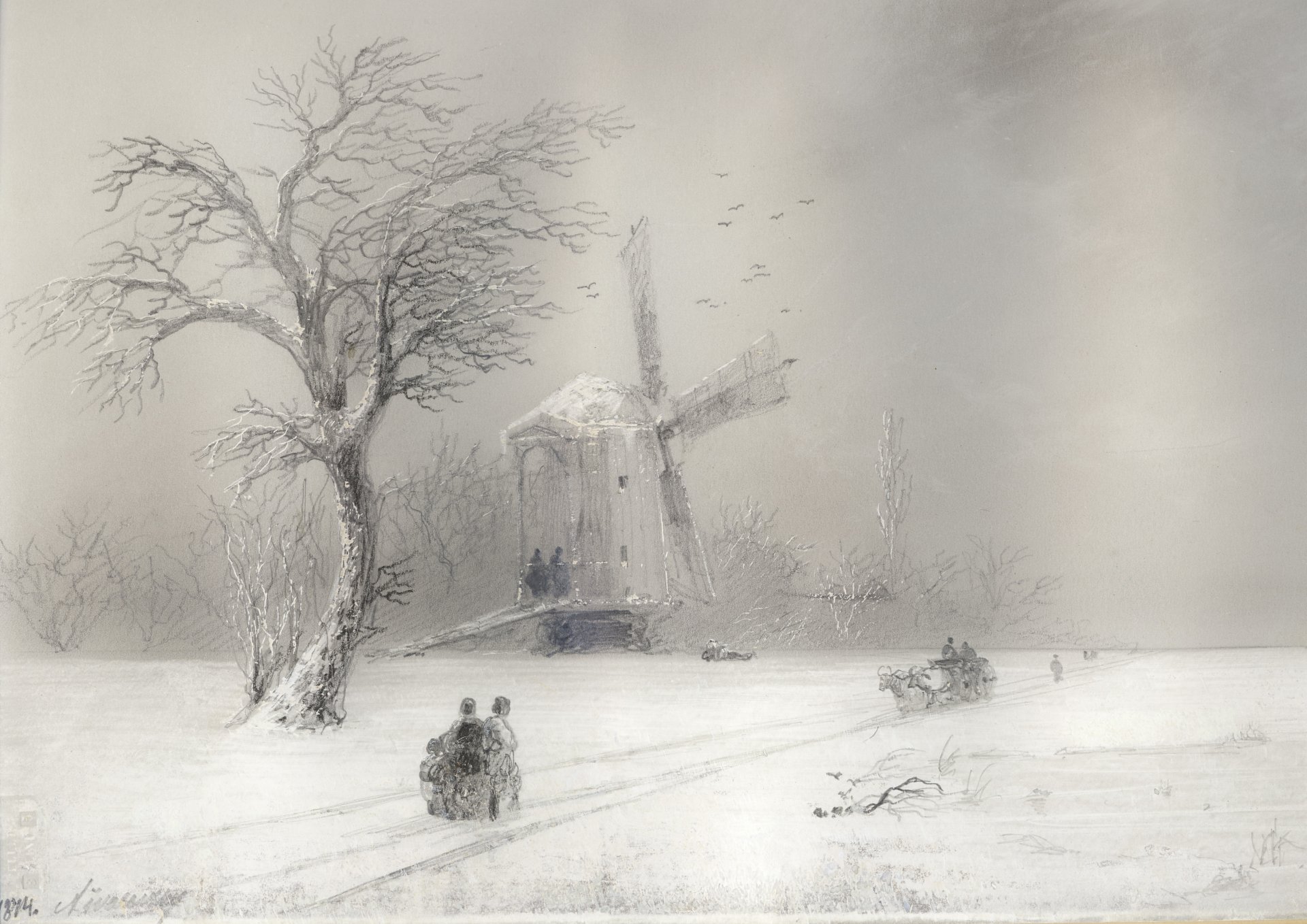 aivazovsky inverno mulino bufera di neve persone strada slitta pittura