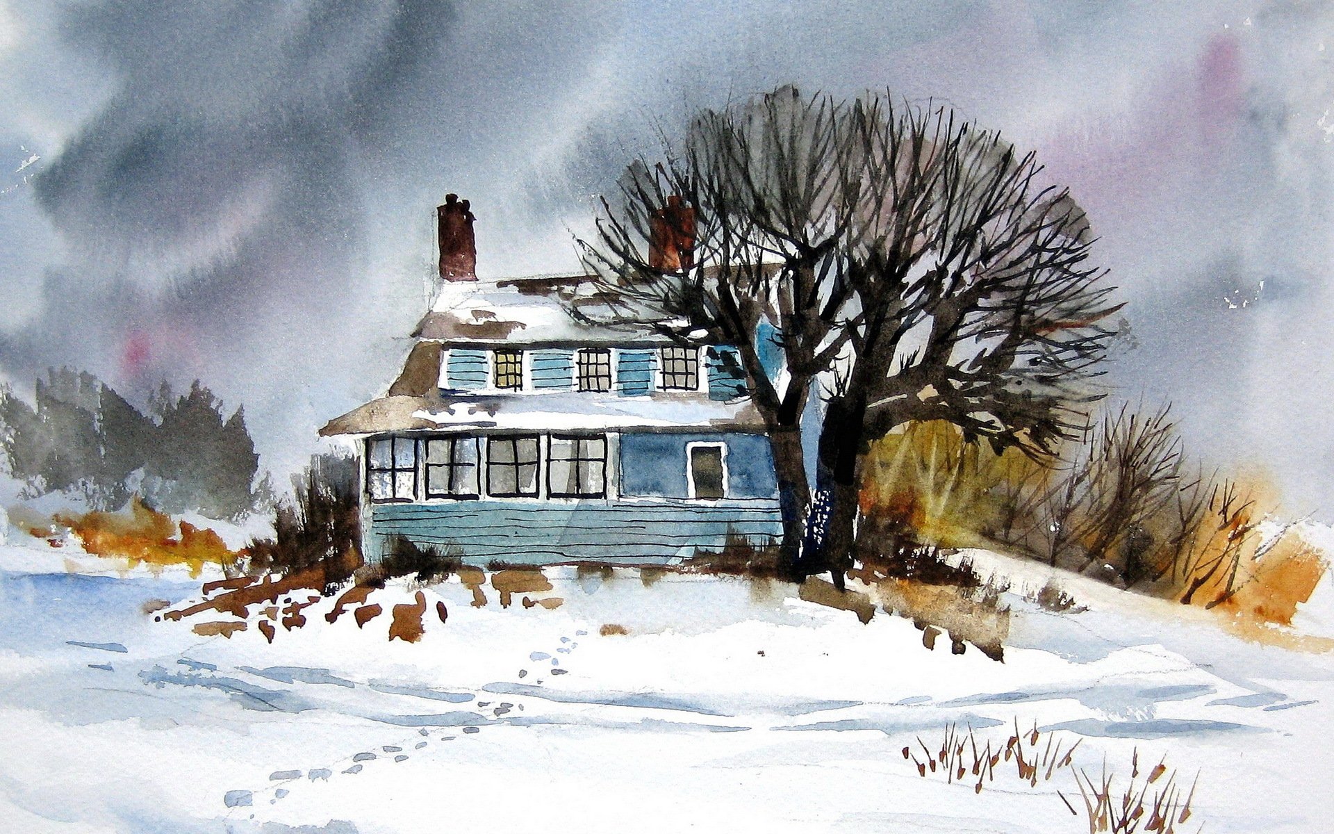 house landscape watercolor