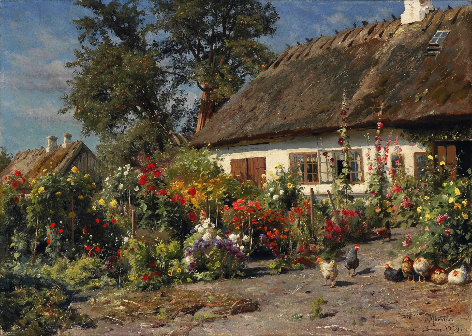 peder monsted malerei blumen haus malve hühner hütte fenster bäume landschaft