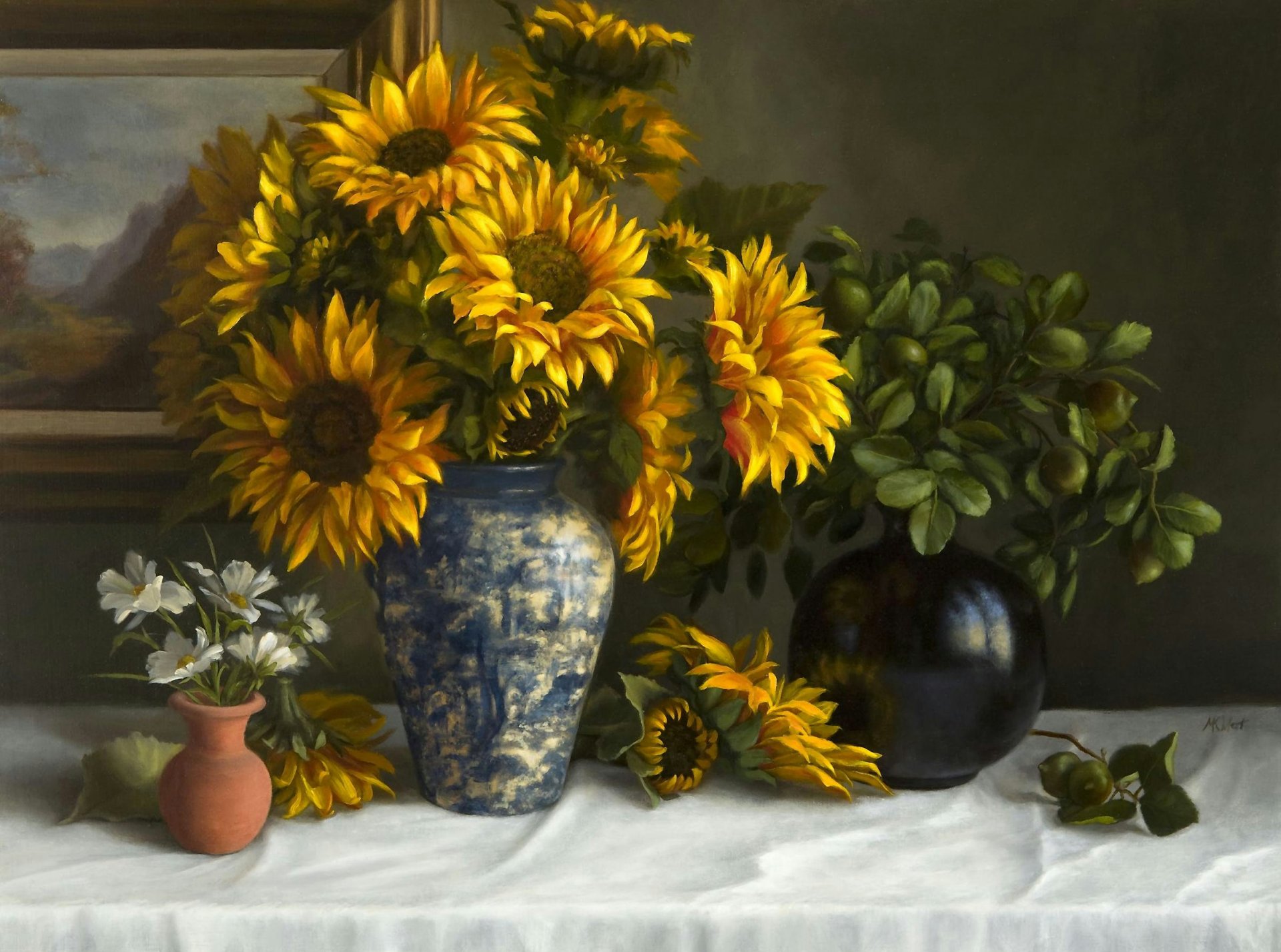 pintura naturaleza muerta flores girasoles jarrones mesa mantel