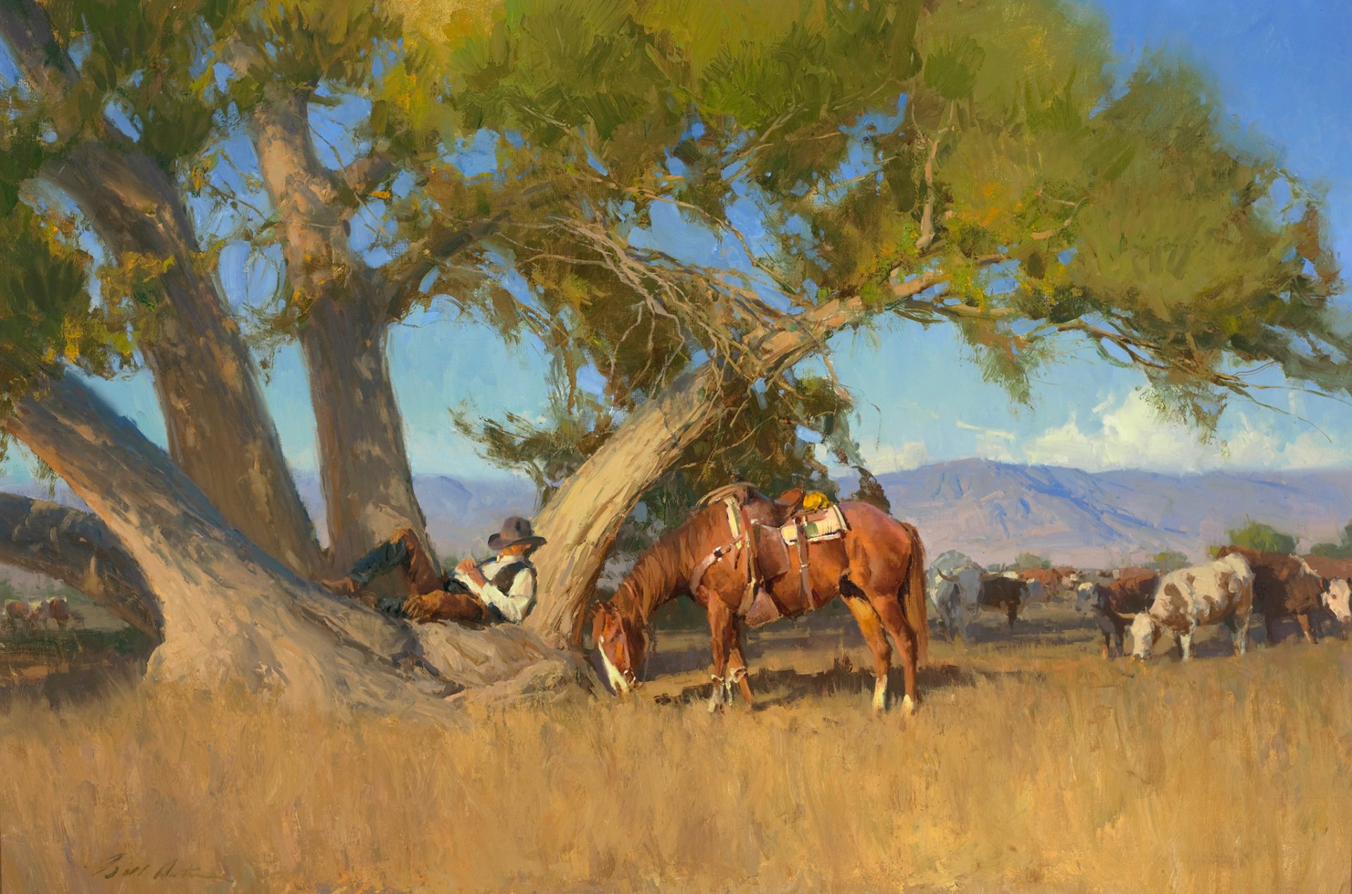 anton bill paysage ciel montagnes arbre vache cheval cowboy sommeil repos