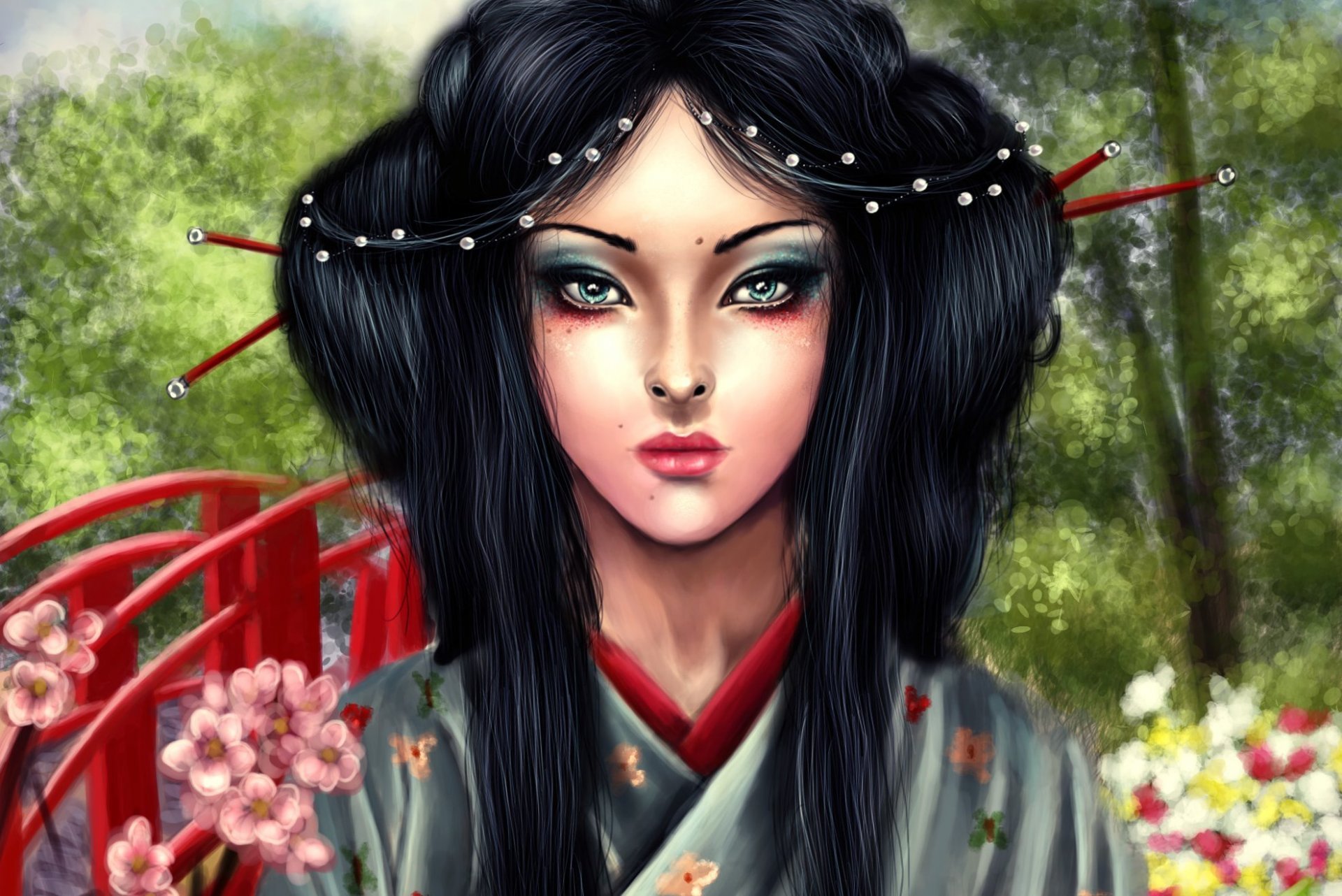 asa mitsuko kunst geisha gesicht make-up aussehen haare kimono brücke bäume