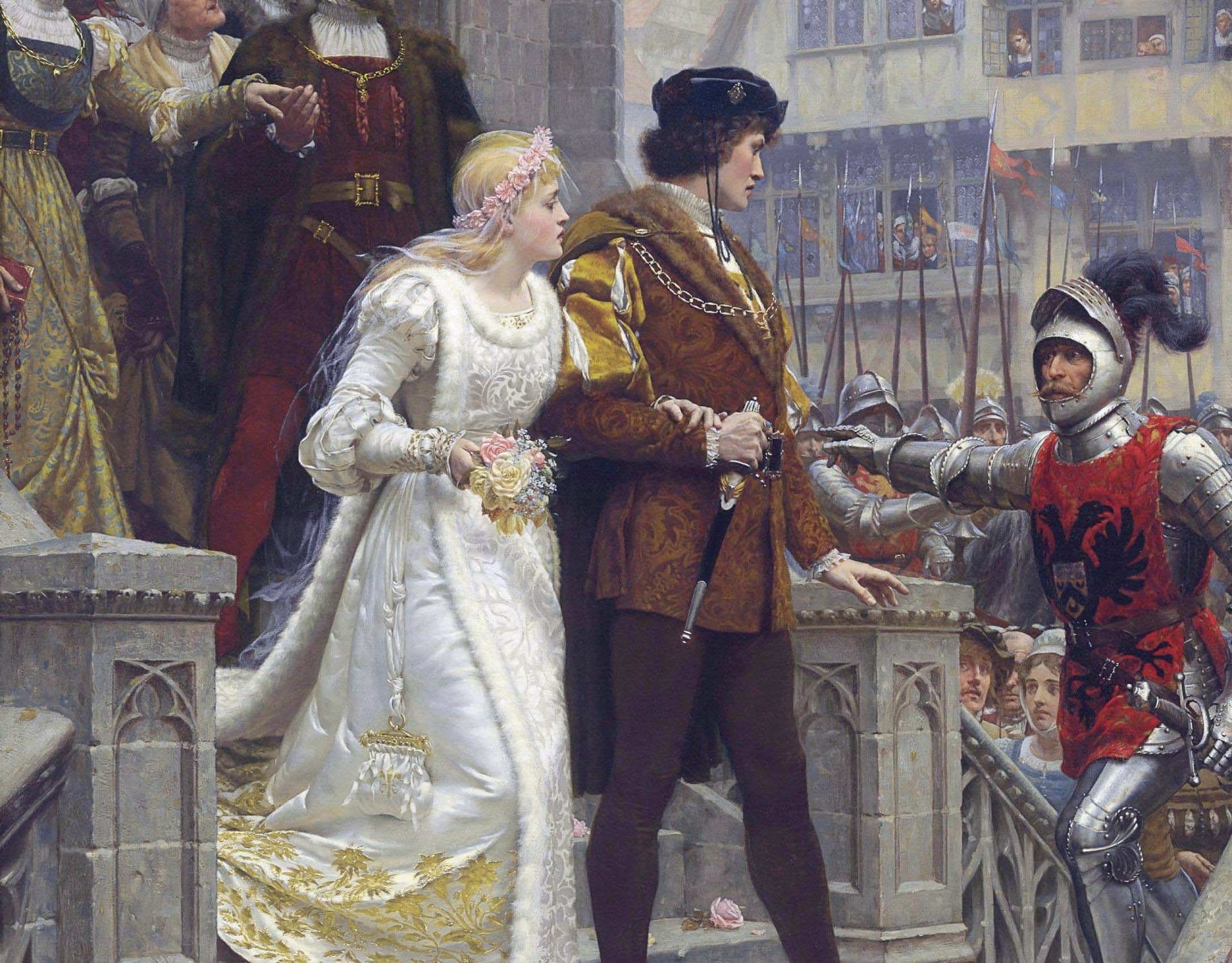 edmund blair leighton angielski malarz romantyzm prerafaelici średniowiecze wezwanie do broni obraz zamek ślub pan młody panny młode rycerz zbroja miecz prerafaelit obraz