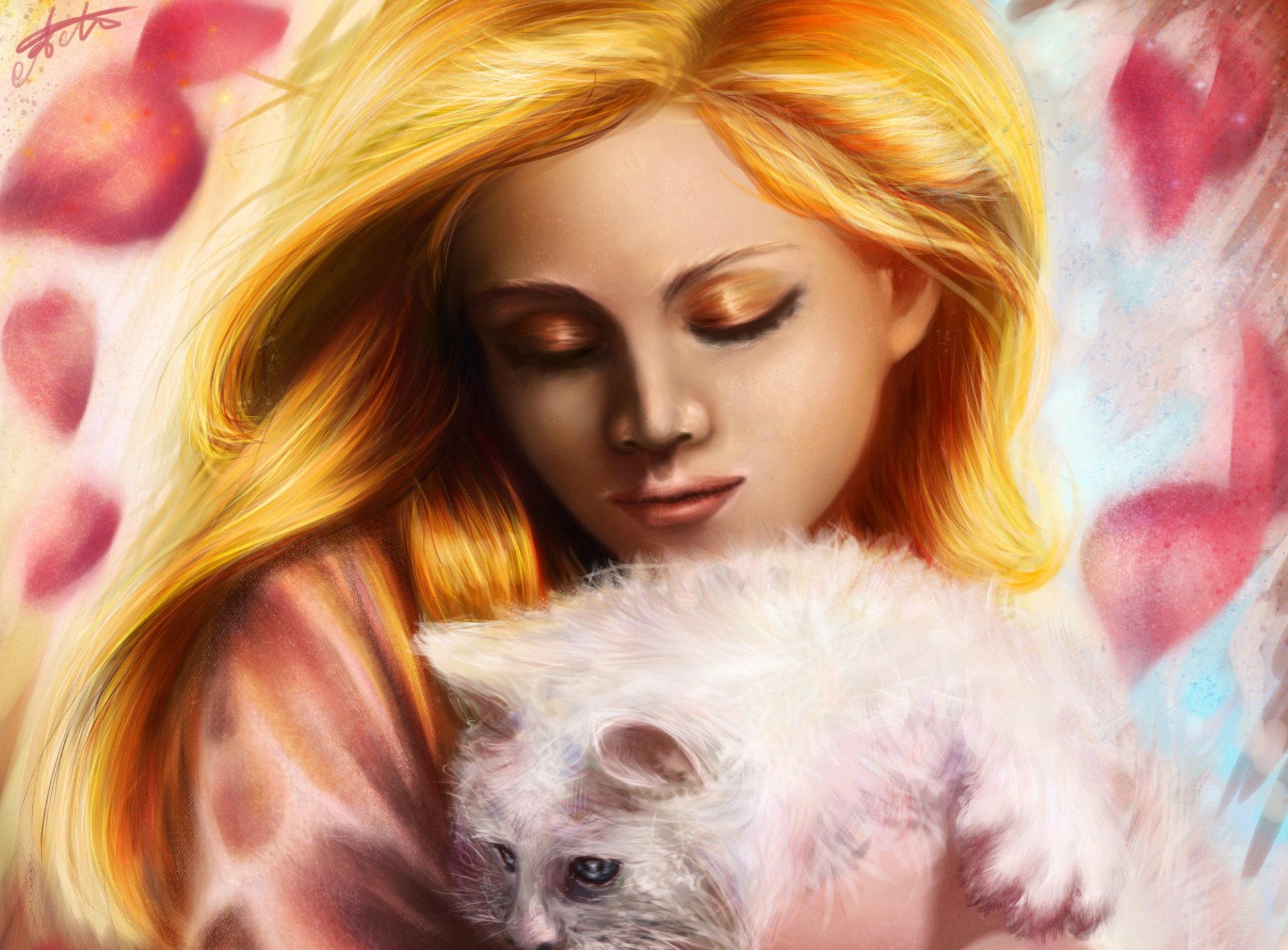 pittura ragazza viso ombra trucco capelli dorato animale gatto bianco sulle mani