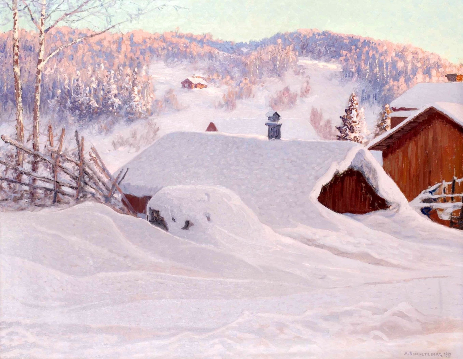 pintura paisaje anshelm schultzberg invierno casas techos derivas nieve bosque árboles colinas