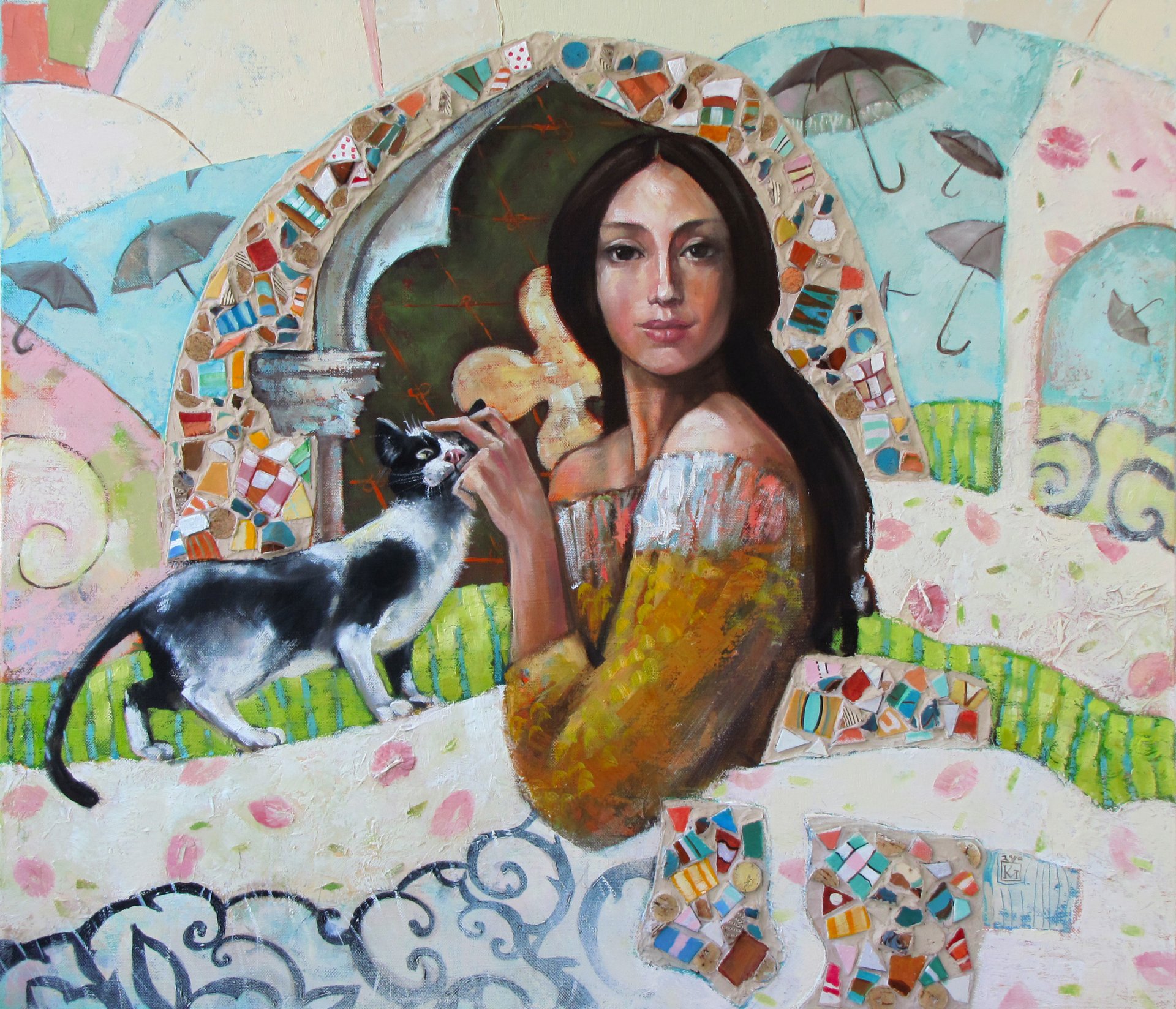 arte pintura marianna kalacheva chica gato mosaico pinturas paraguas arco rizos patrones