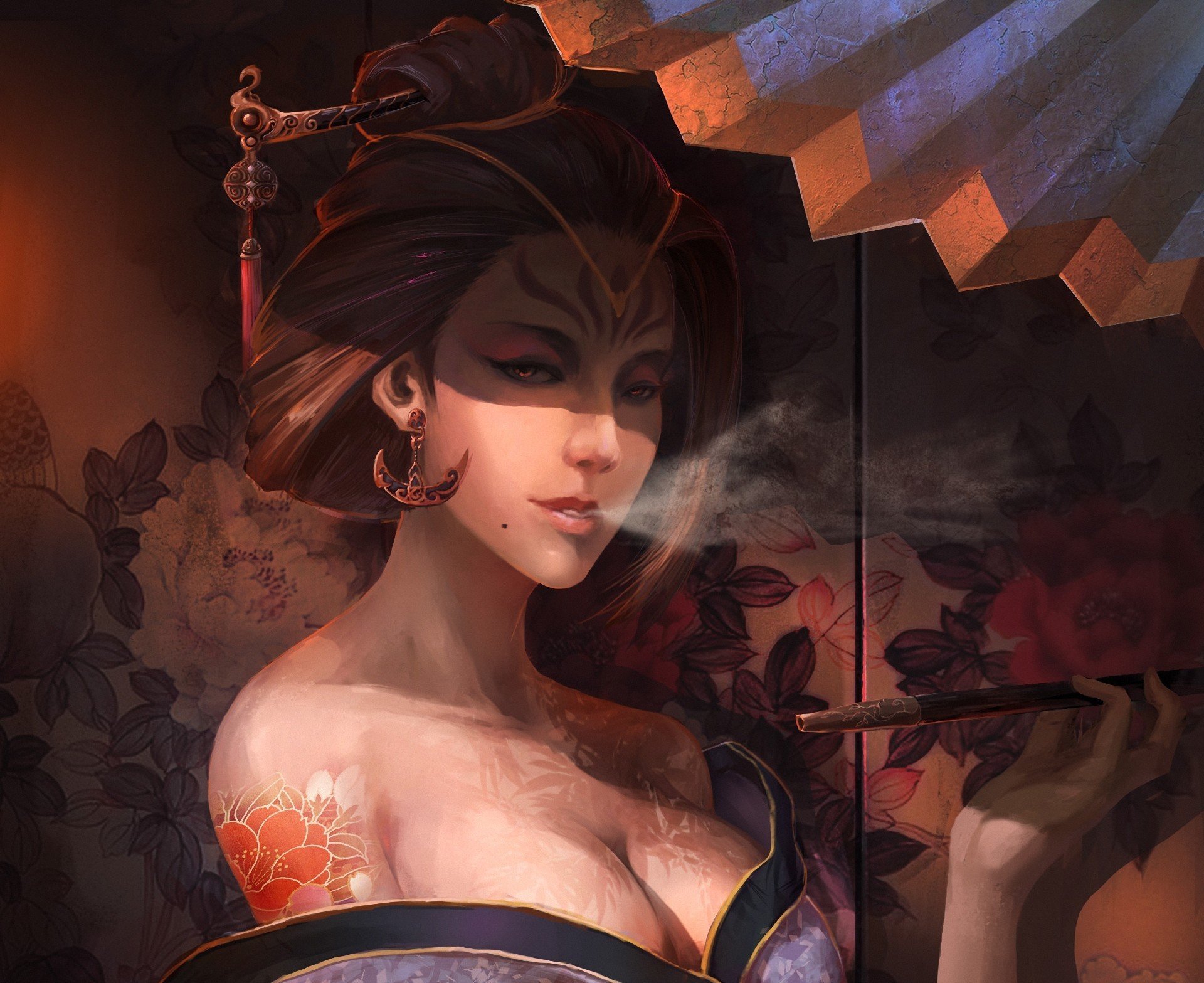 art girl geisha smokes kimono smoke screen flowers tattoo pattern hairstyle hairpin earring