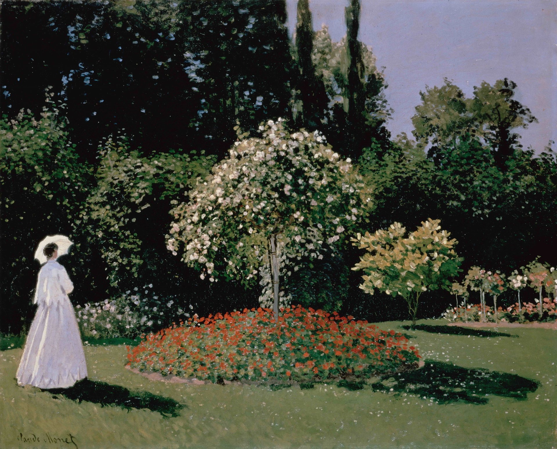 monet claude femme dans le jardin sainte-adresse femme fleurs robe été jardin arbres parapluie ombre ciel nature