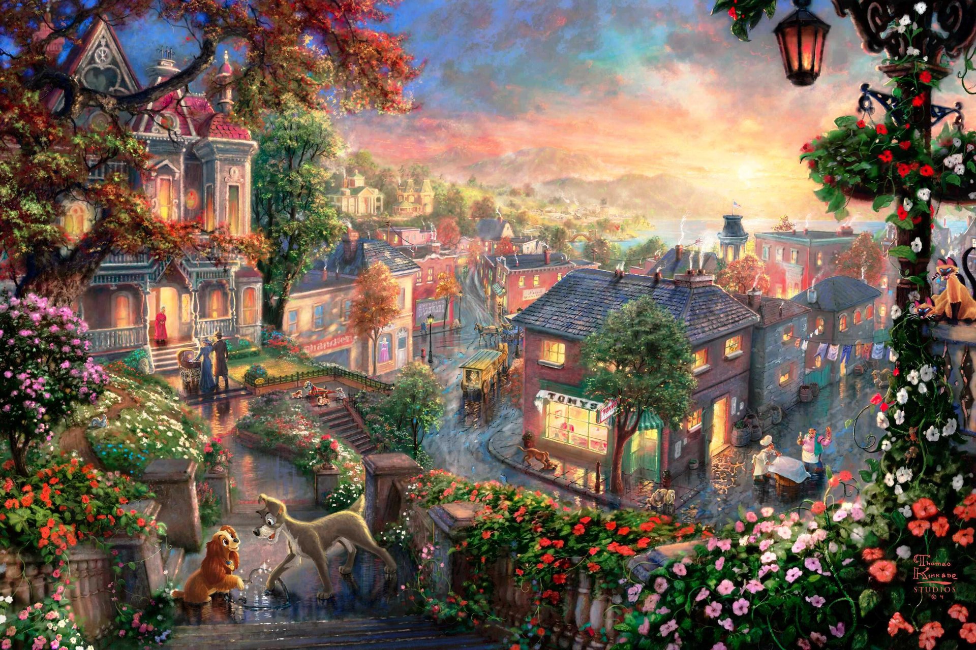 lady and the tramp thomas kinkade thomas kinkade studios walt disney painting cartoon cocker spaniel lady hobo mongrel victorian town rich quarter house flower cats light sunset heart love