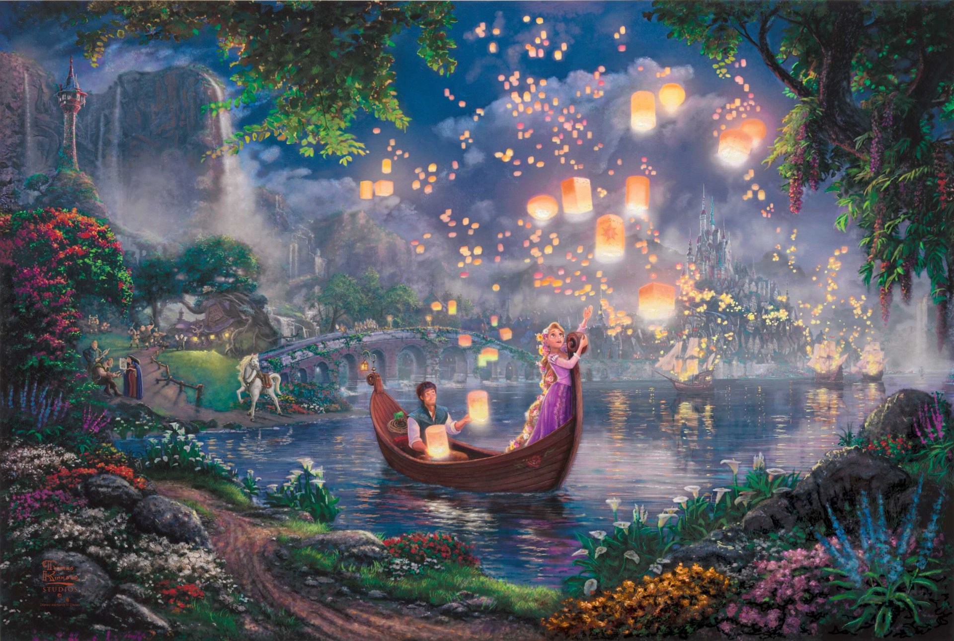 rapunzel: a tangled story thomas kincaid painting kincaid walt disney 50th anniversary fairy tale brothers grimm rapunzel princess flynn maximus mother gothel pascal boat lake floating lanterns lanterns lights starry sky flowers sail bridge palace beyond