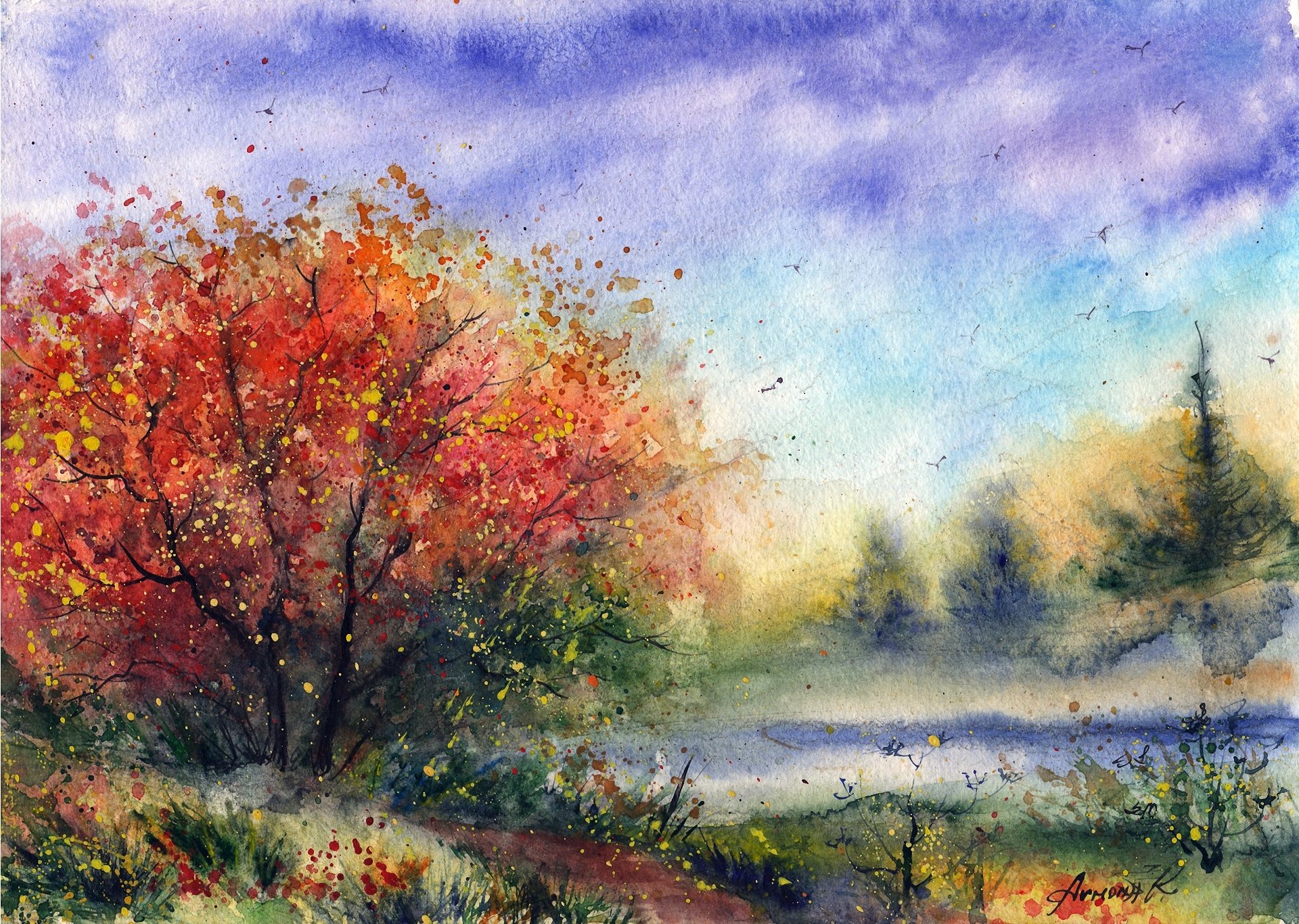 paysage dessiné aquarelle arbre route oiseaux fleurs