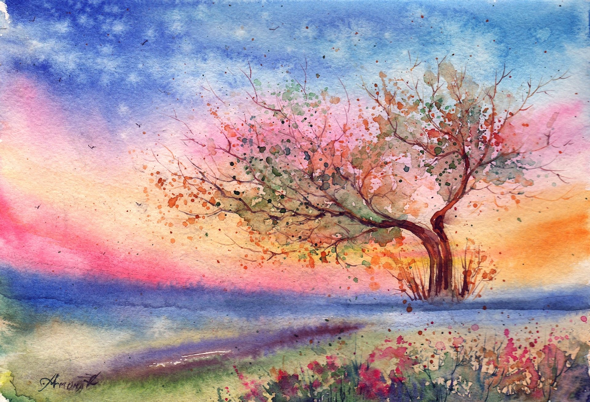 gezeichnete landschaft aquarell abend wind baum gras blumen