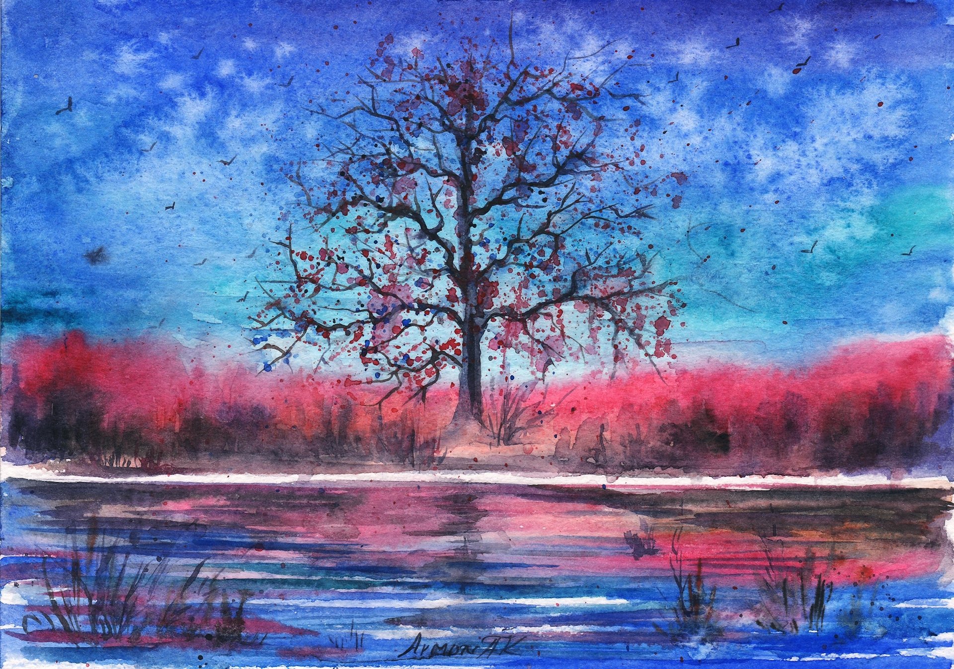 painted landscape watercolor night tree birds river