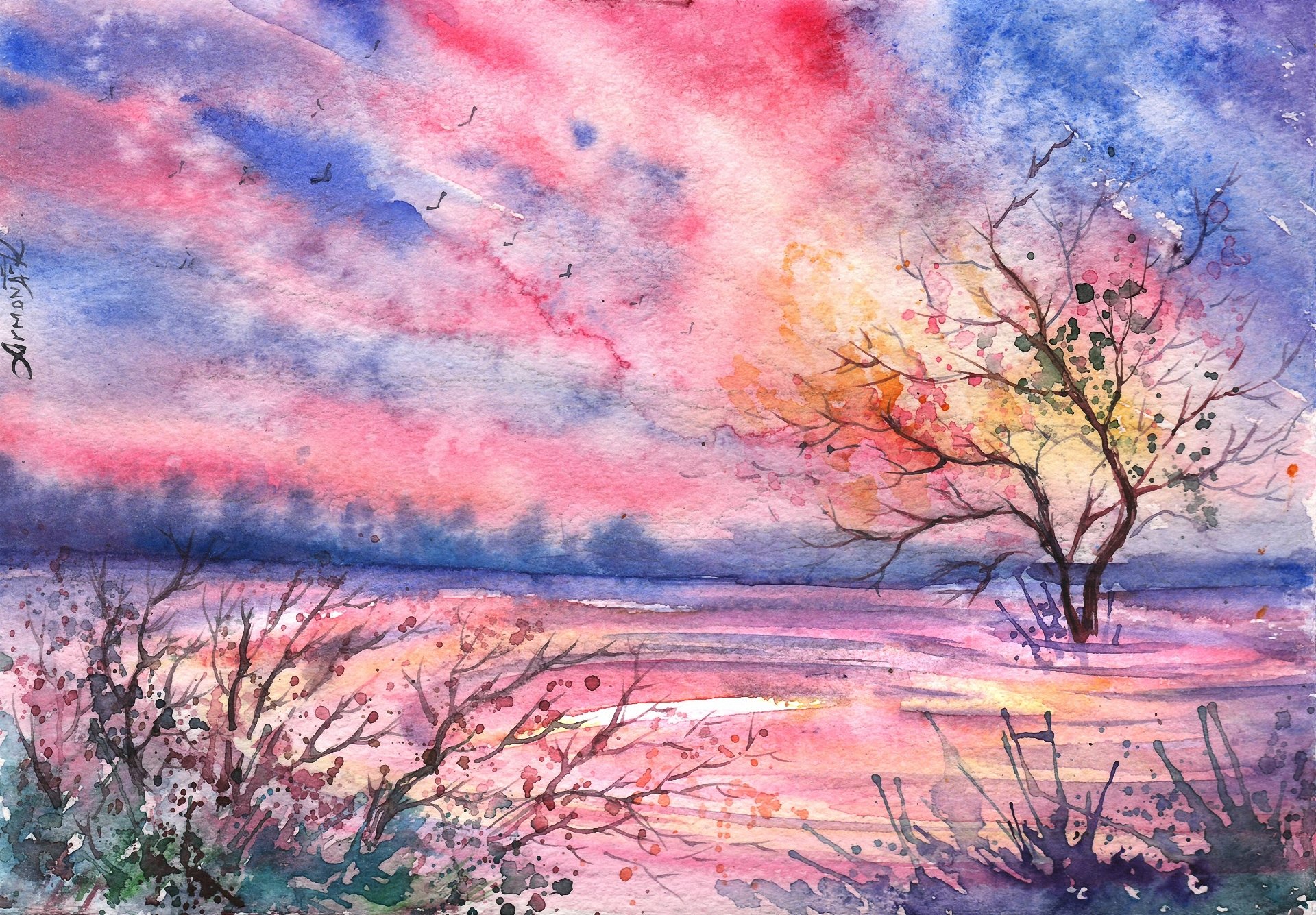 gezeichnete landschaft aquarell abend baum vögel wolken