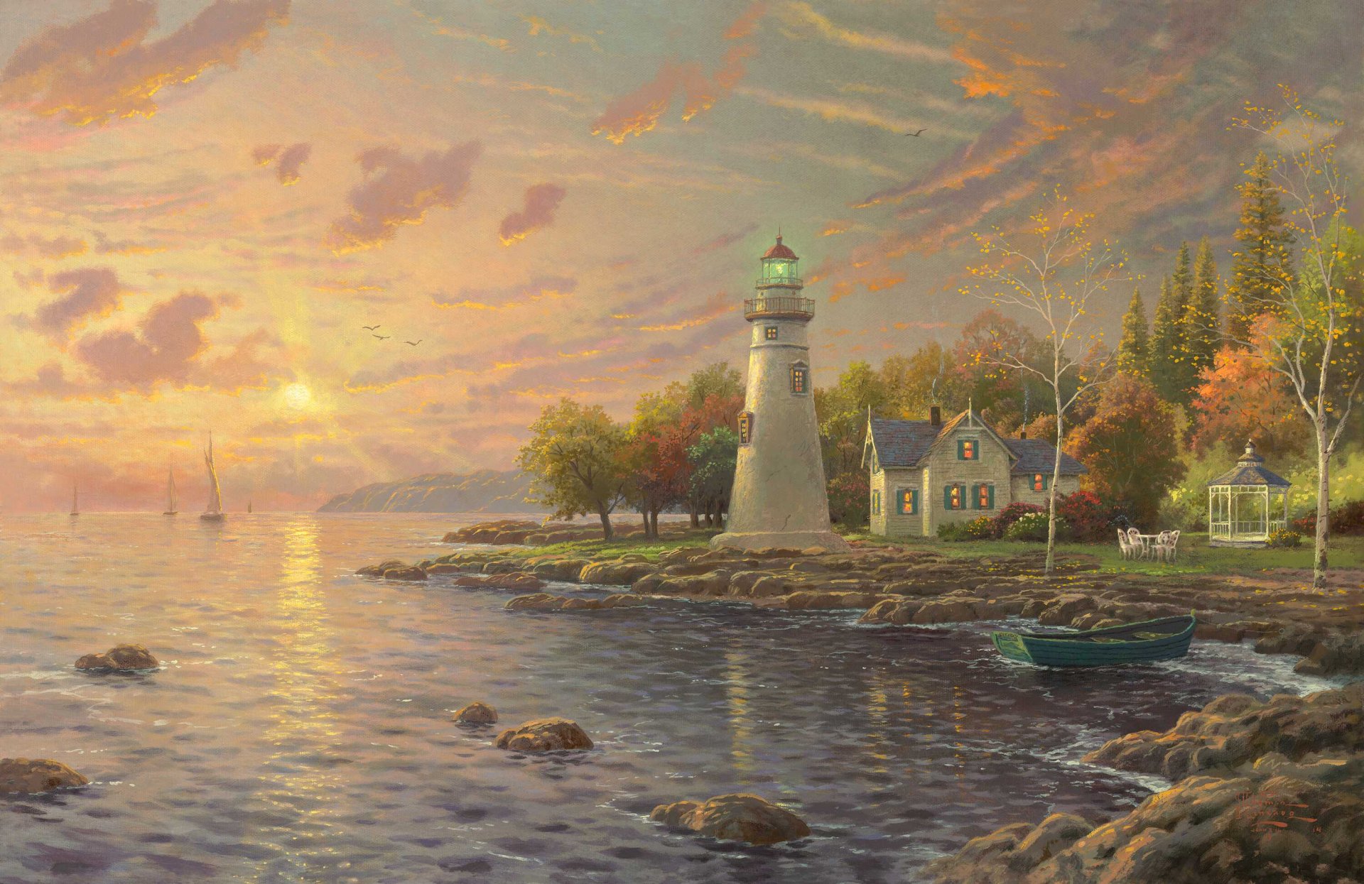 calma cove thomas kinkade pintura marblehead faro lago erie canadá estados unidos lago erie faro casa mirador barco vela otoño tarde puesta de sol calma