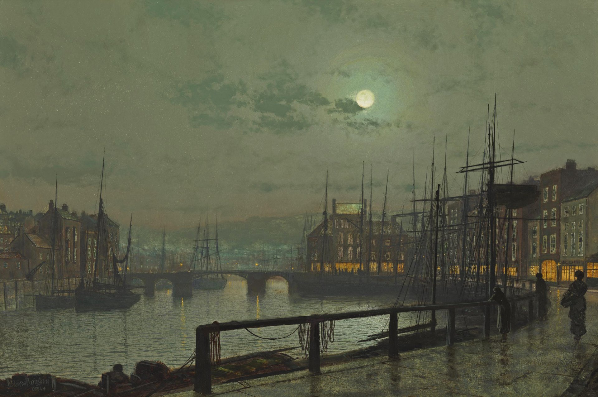 john atkinson whitby terraplén río barco barco casas personas cielo puente nubes pintura luna