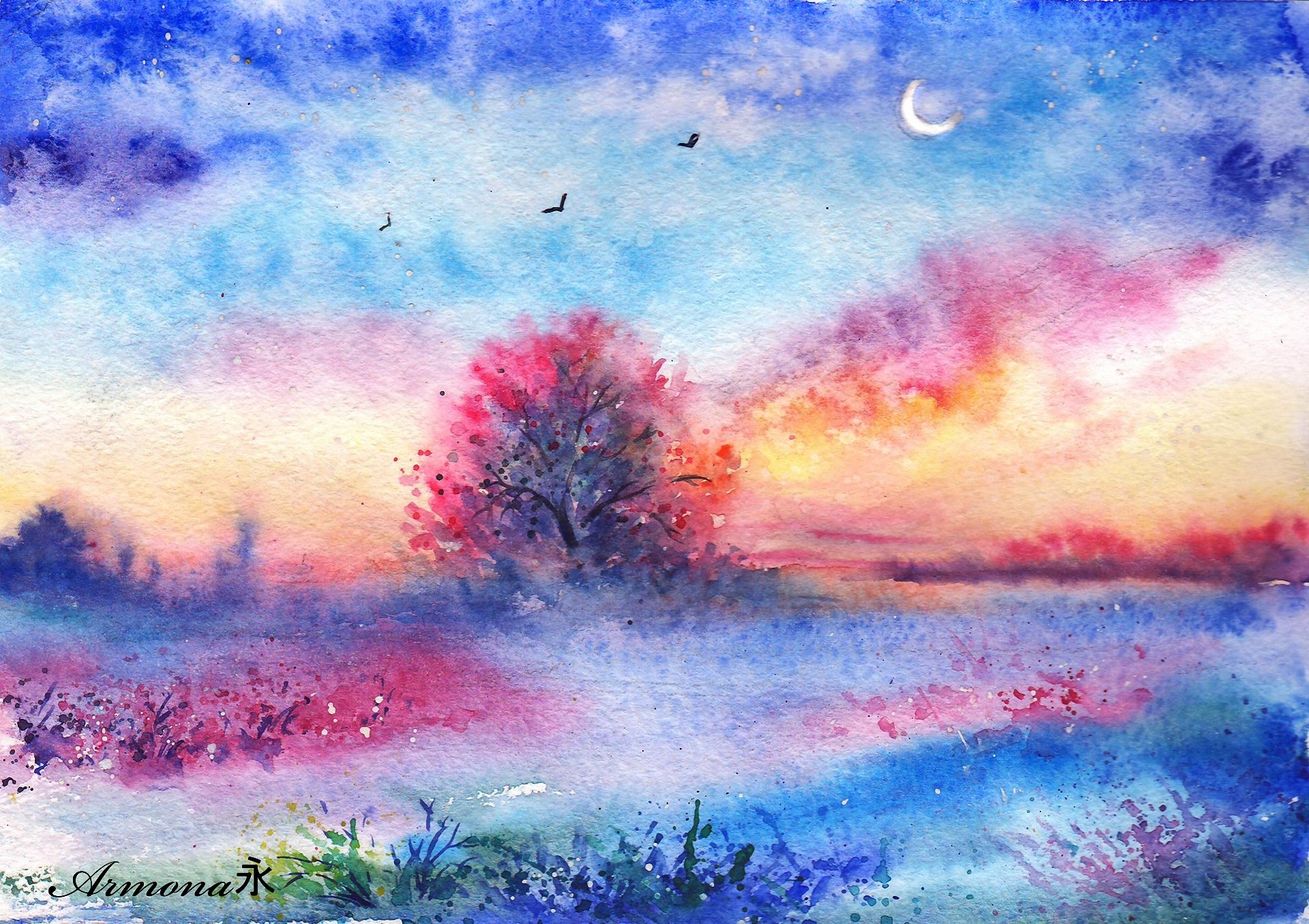 paysage dessiné aquarelle arbre oiseaux herbe