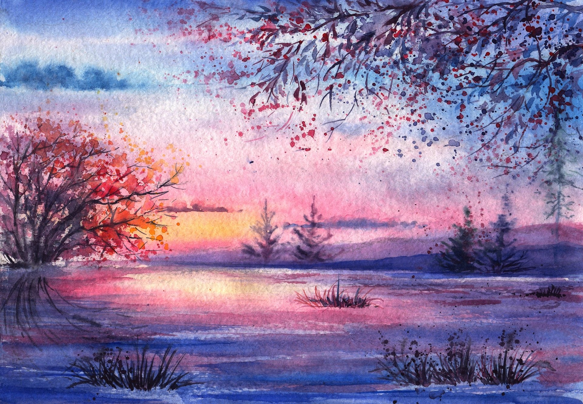 gezeichnete landschaft aquarell abend bäume laub fluss reflexion