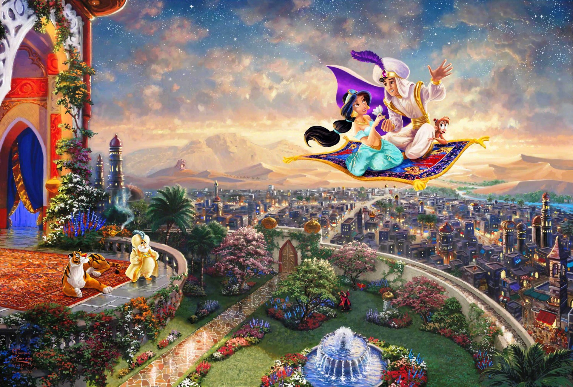 aladdin thomas kinkade studios walt disney thomas kinkade painting princess jasmine kingdom town palace sultan carpet fountain magic lamp disney