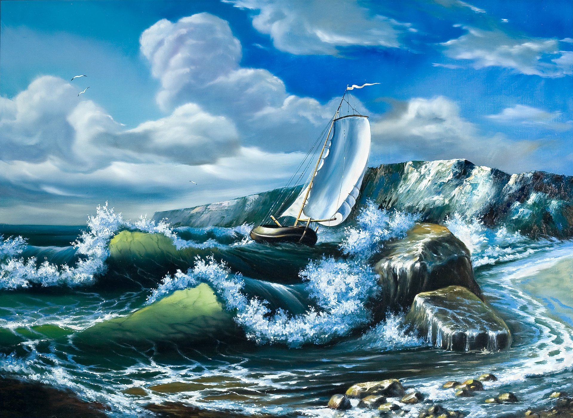 painting pattern oil sea waves ship sail gulls clouds sky