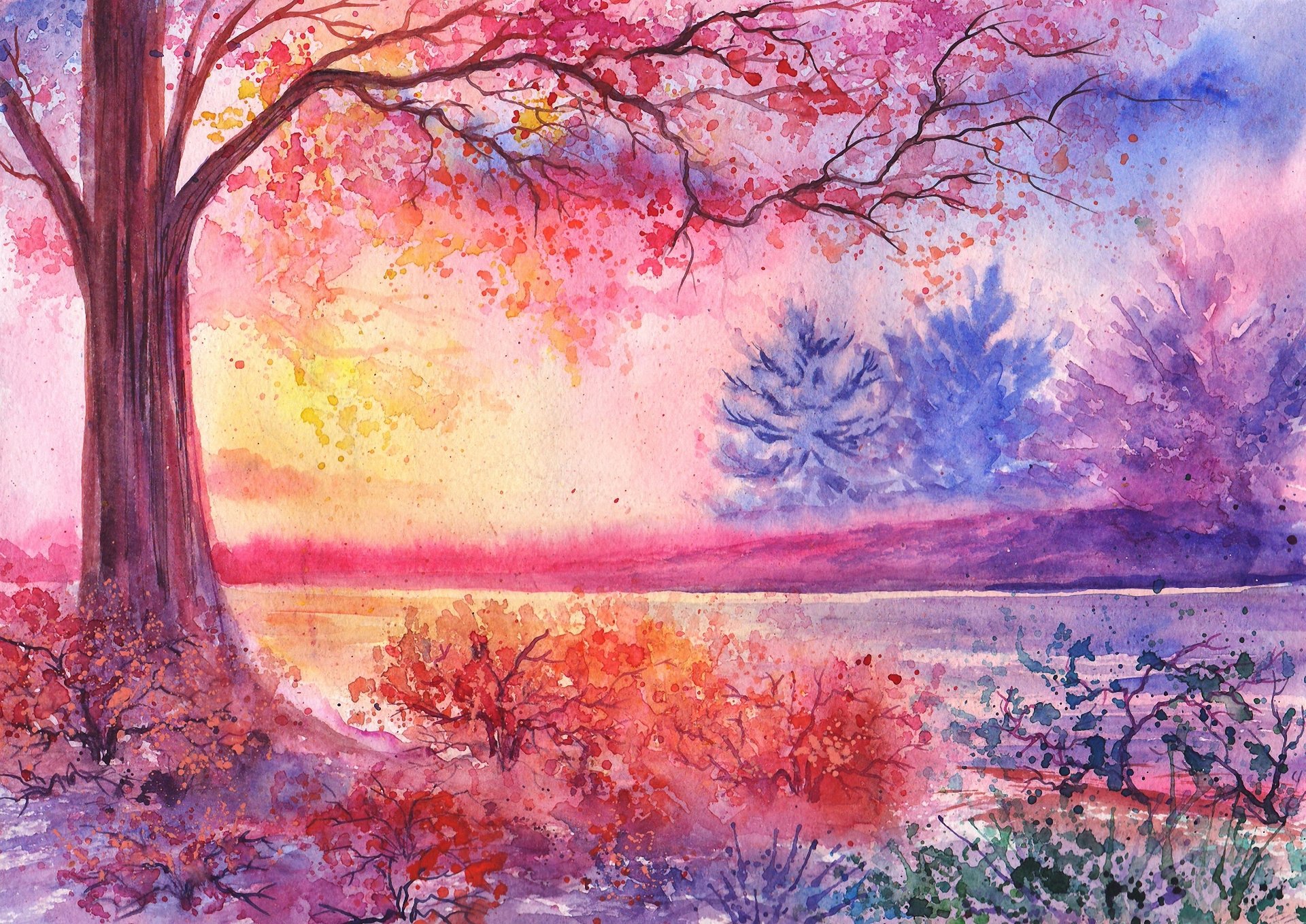 gezeichnete landschaft aquarell baum büsche fluss