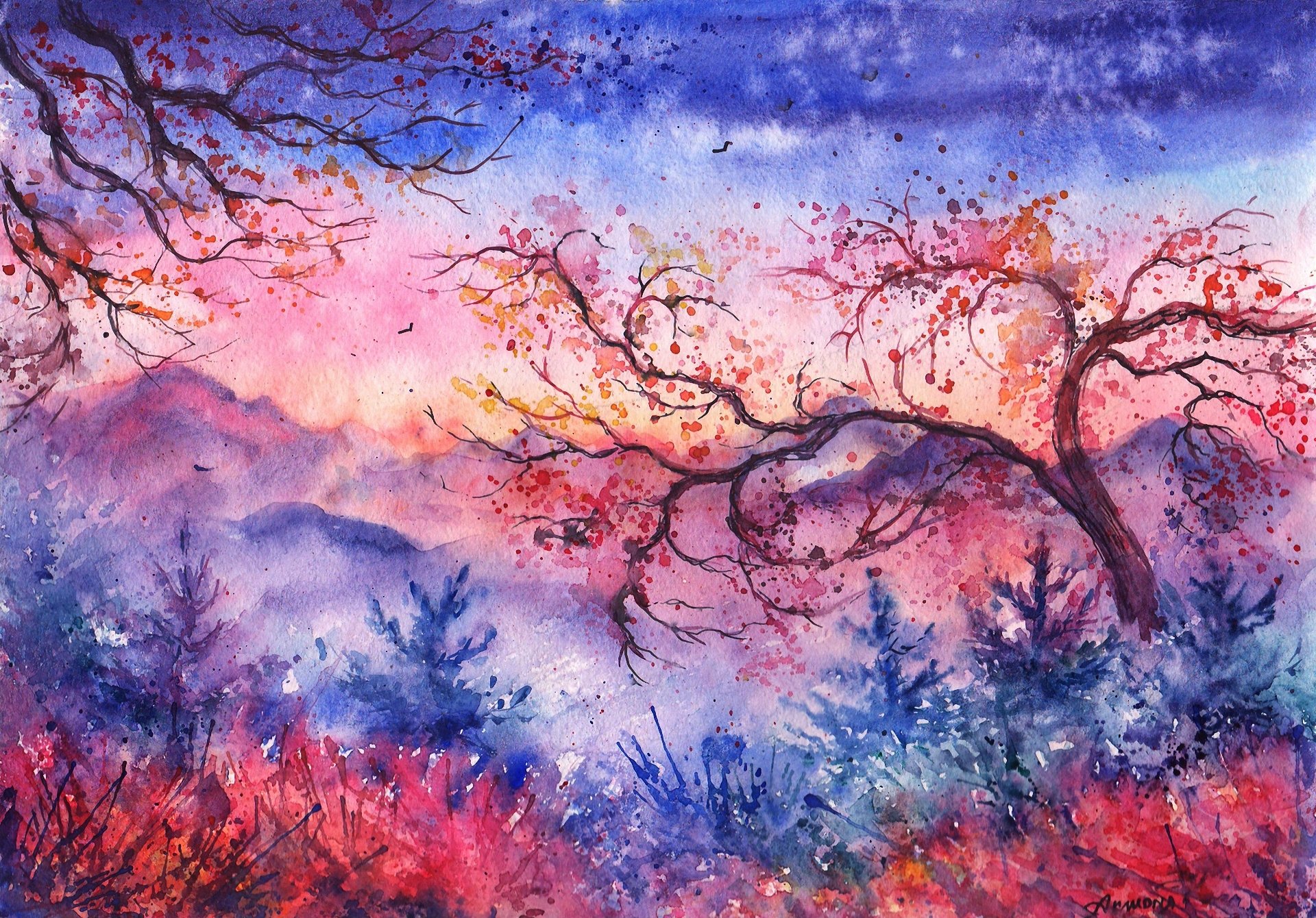 gezeichnete landschaft aquarell abend sonnenuntergang berge bäume laub vögel