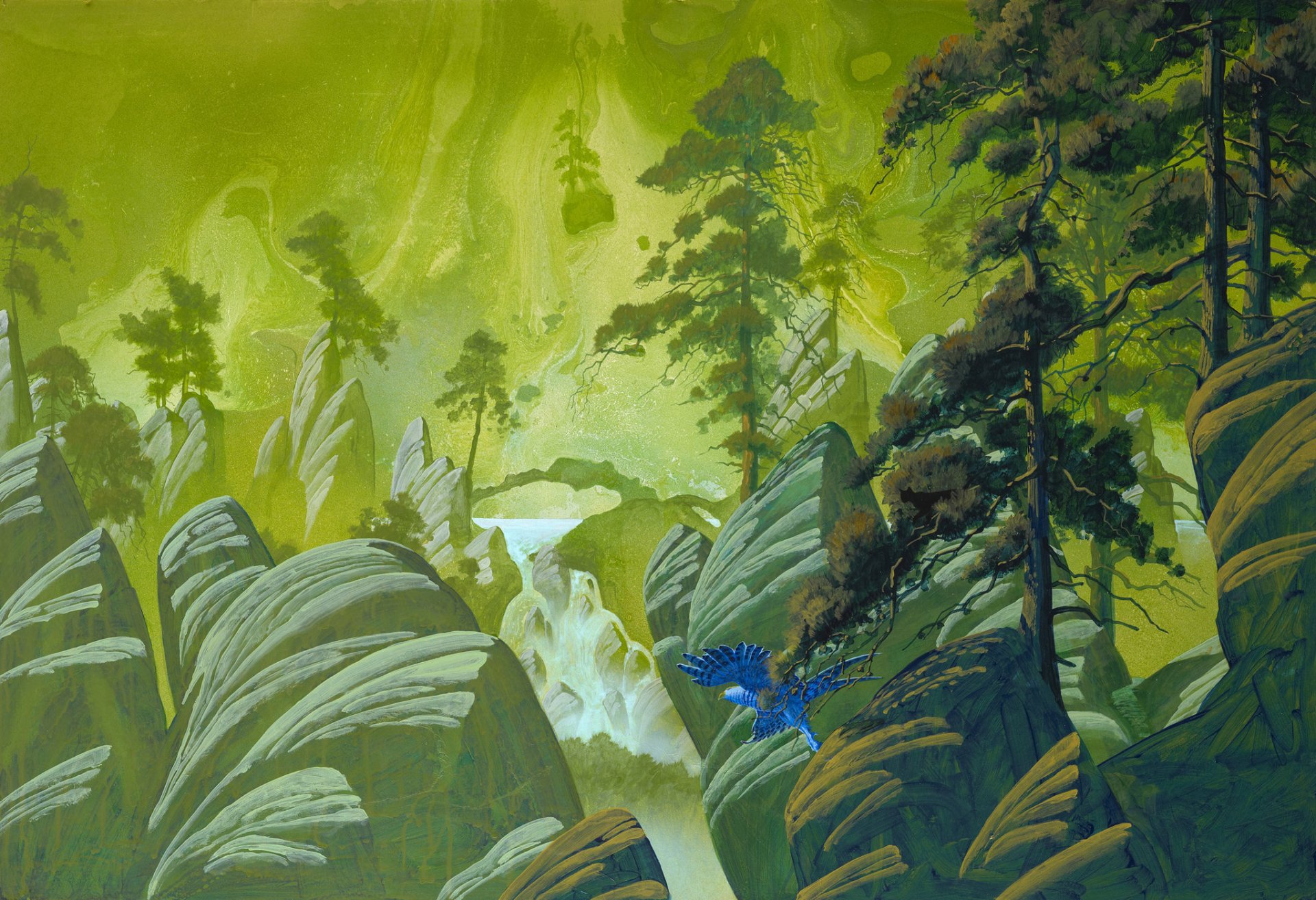 arte roger dean fantasía rocas árboles pinos pájaro vuelo cascada piedras