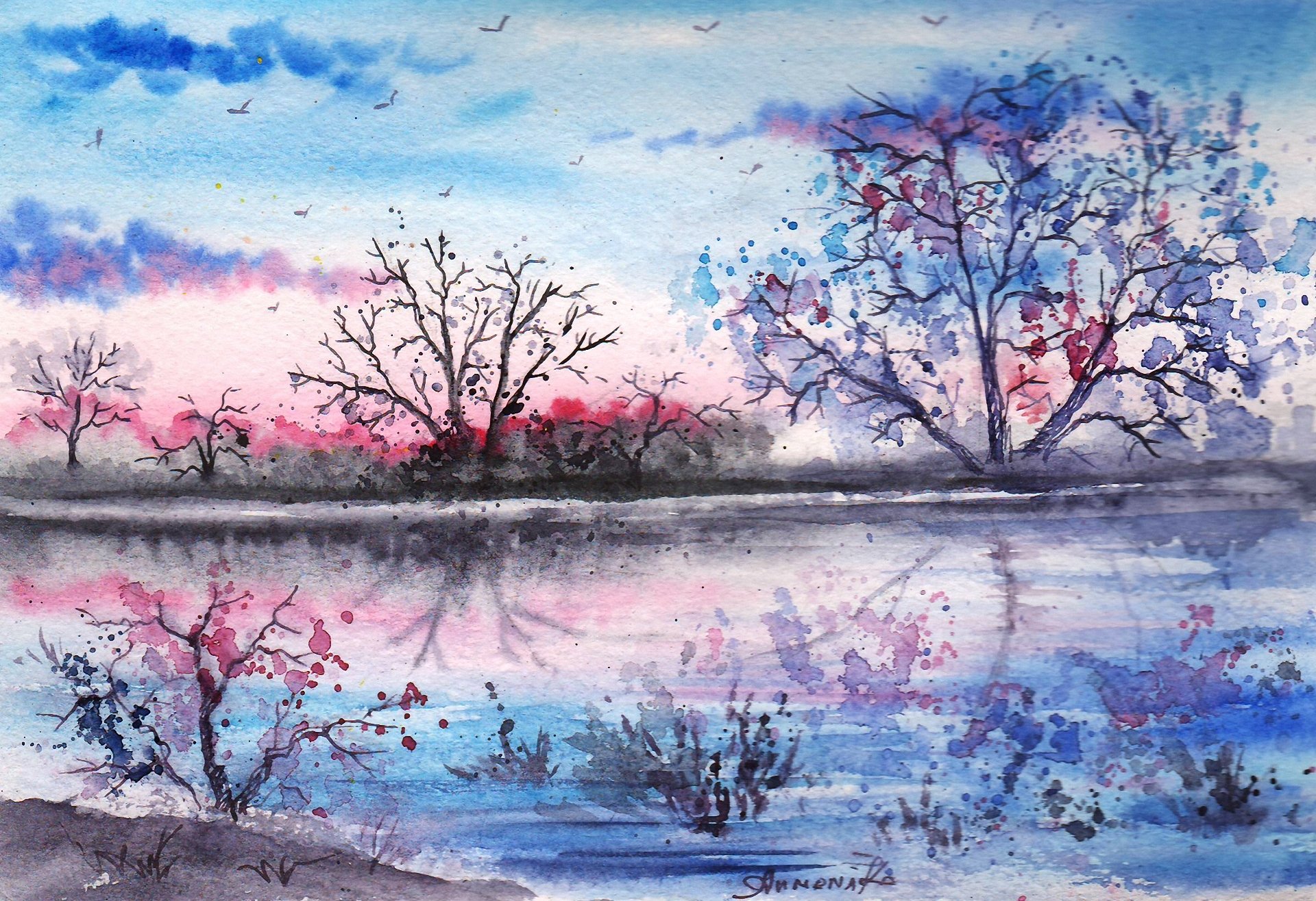 paysage dessiné aquarelle soir lac réflexion arbres oiseaux