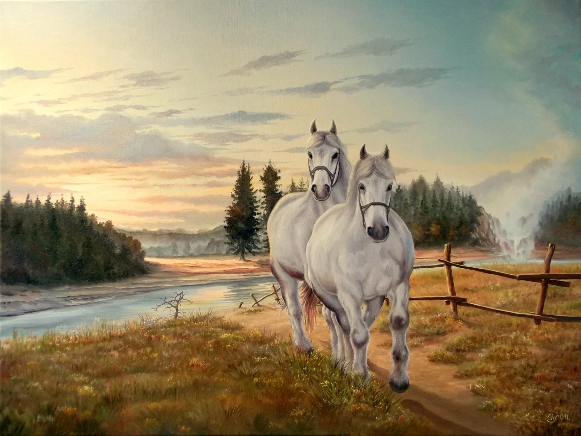 painting horse white mane grass nature river sky cloud