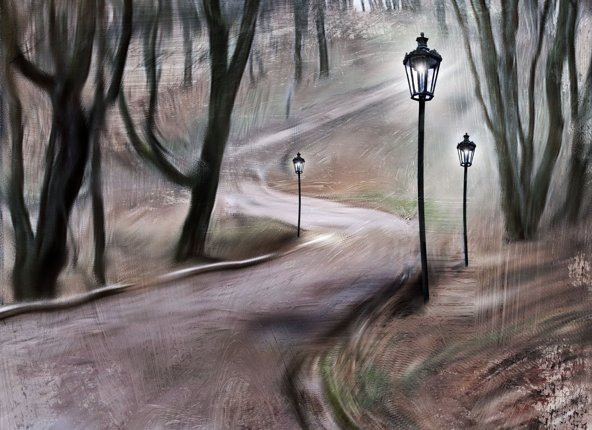 parc passerelle arbres lanternes