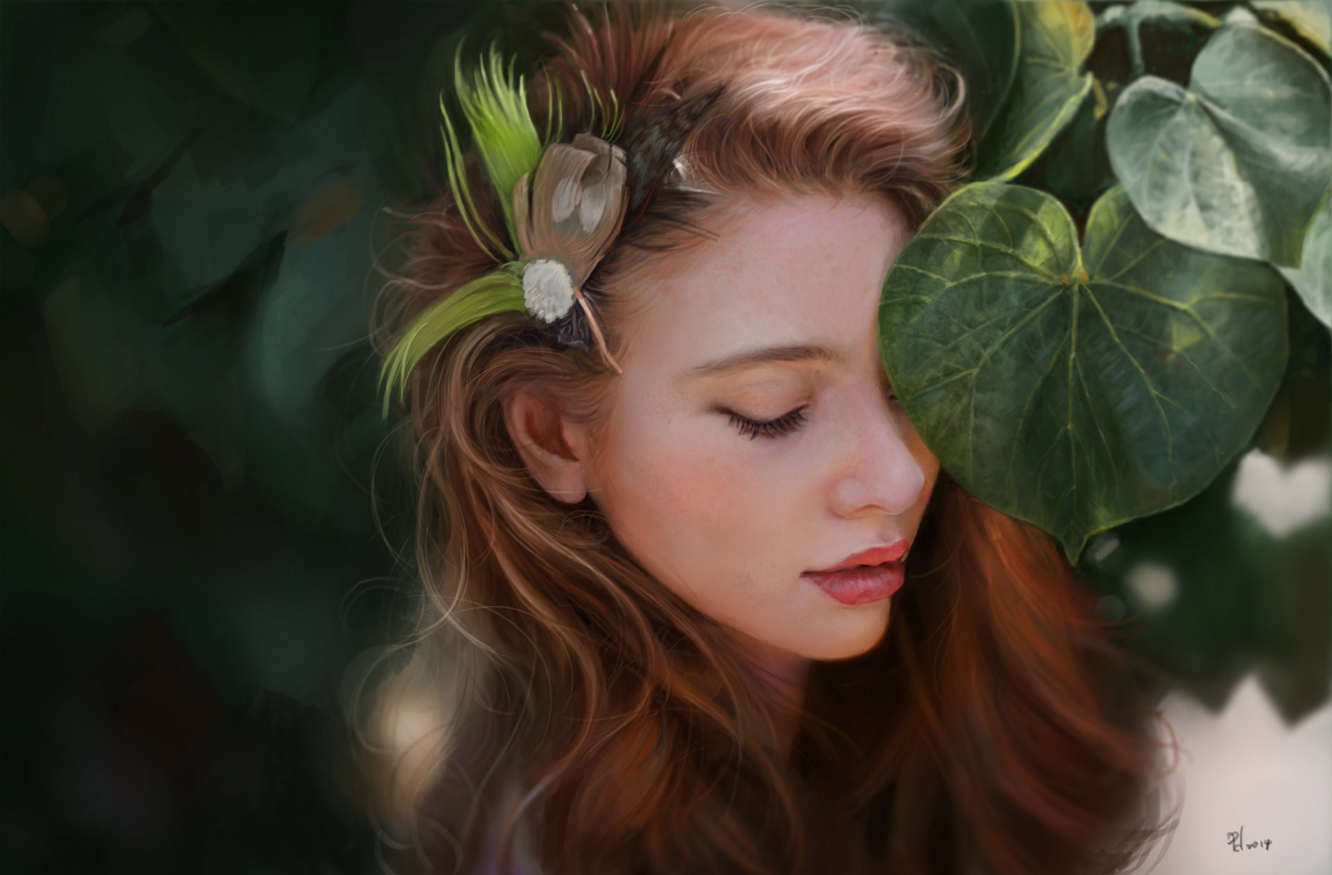 art girl leaves foliage face hairpin feather