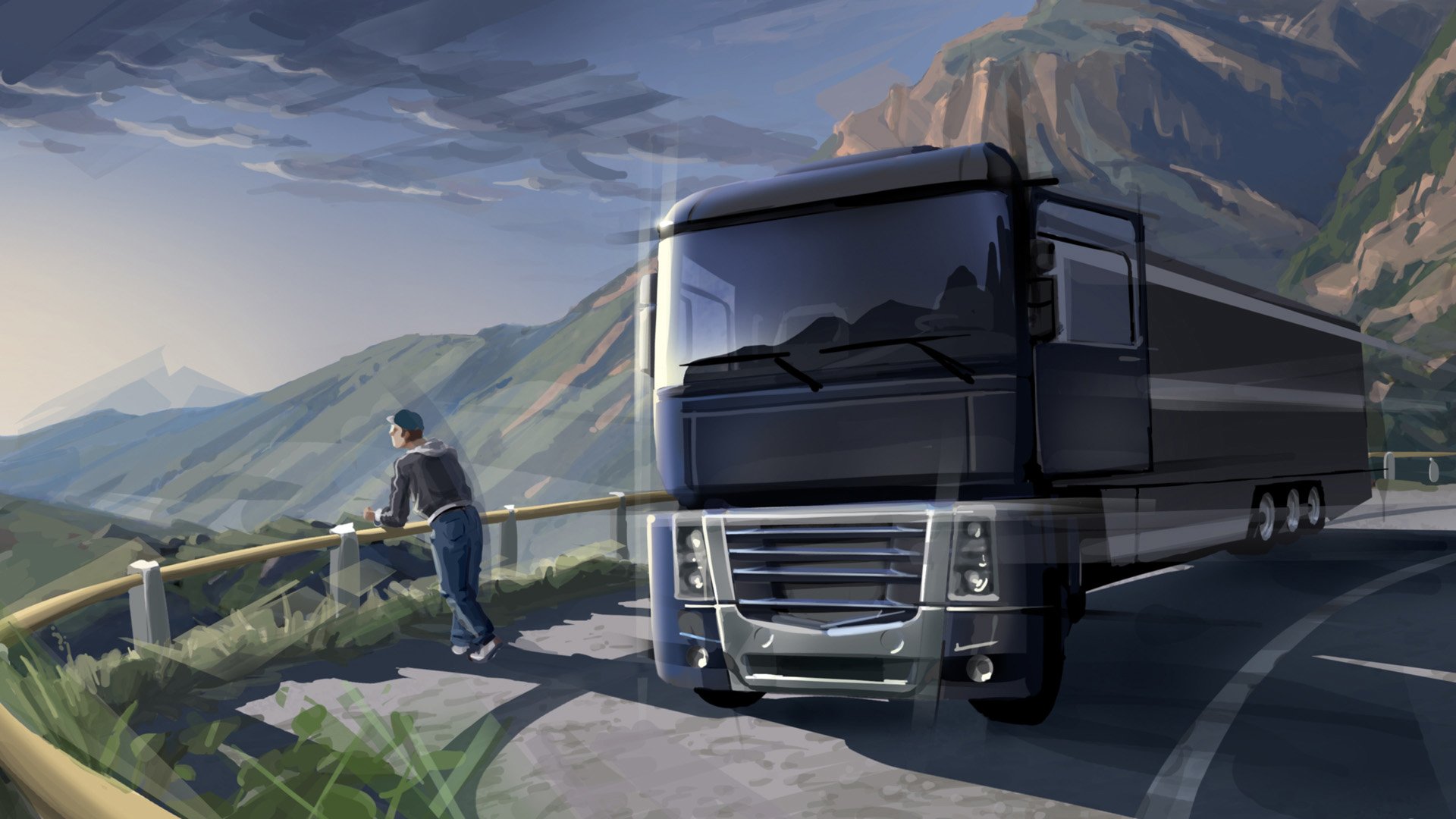 arte auto pittura cargo euro truck trattore furgone rimorchio camion arresto autista camionista riposo contemplazione natura strada segnaletica orizzontale montagna