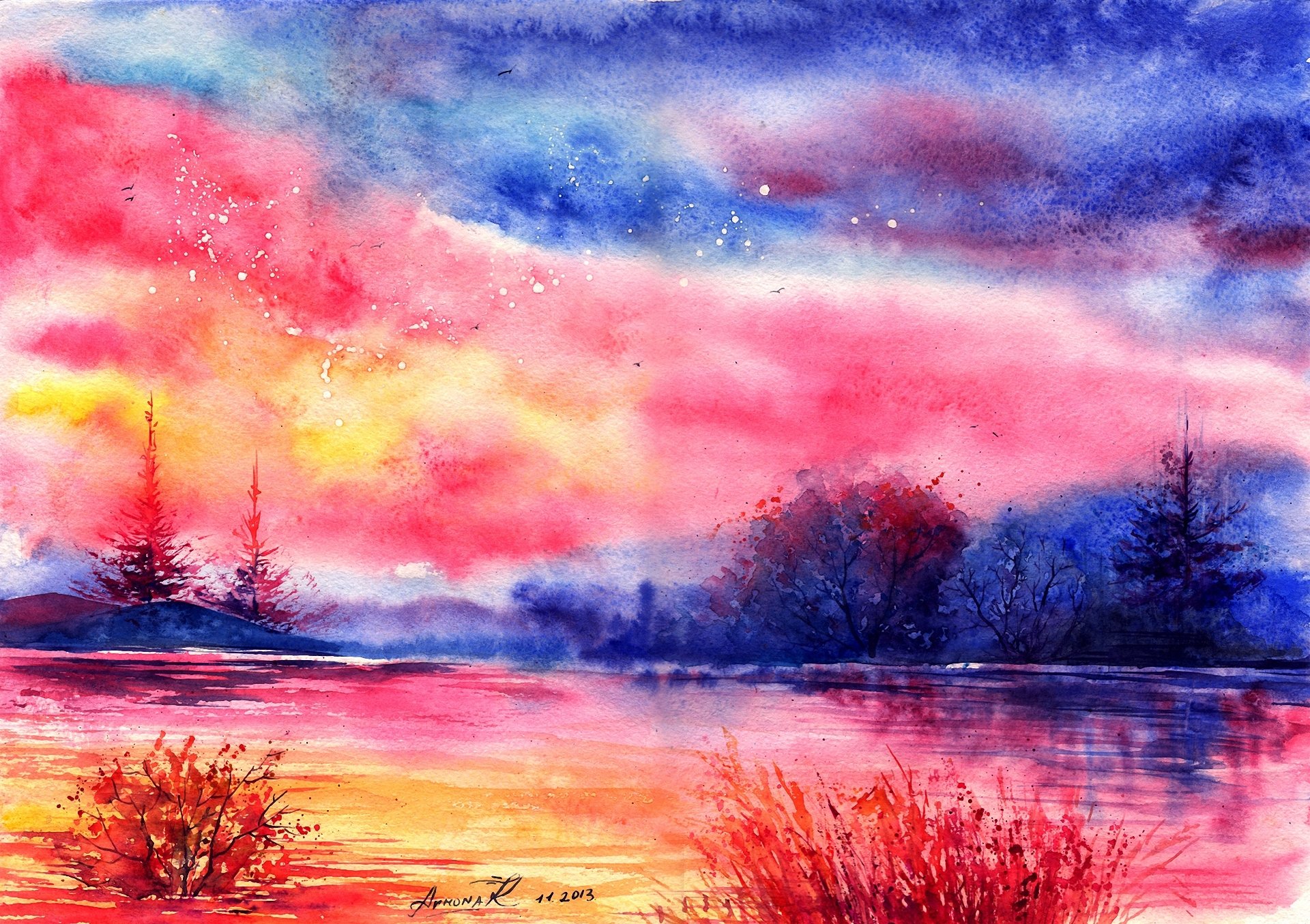 painted landscape watercolor night clouds . river tree bird