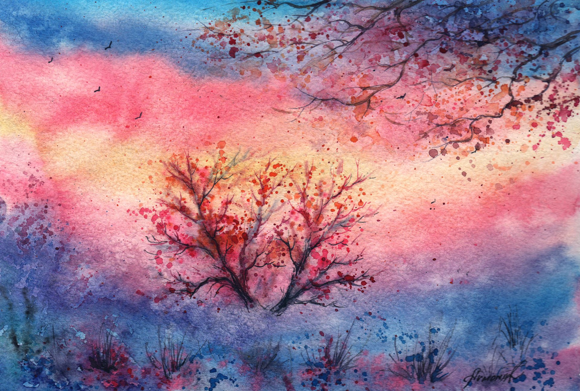 painted landscape watercolor night wind tree bush leaves bird