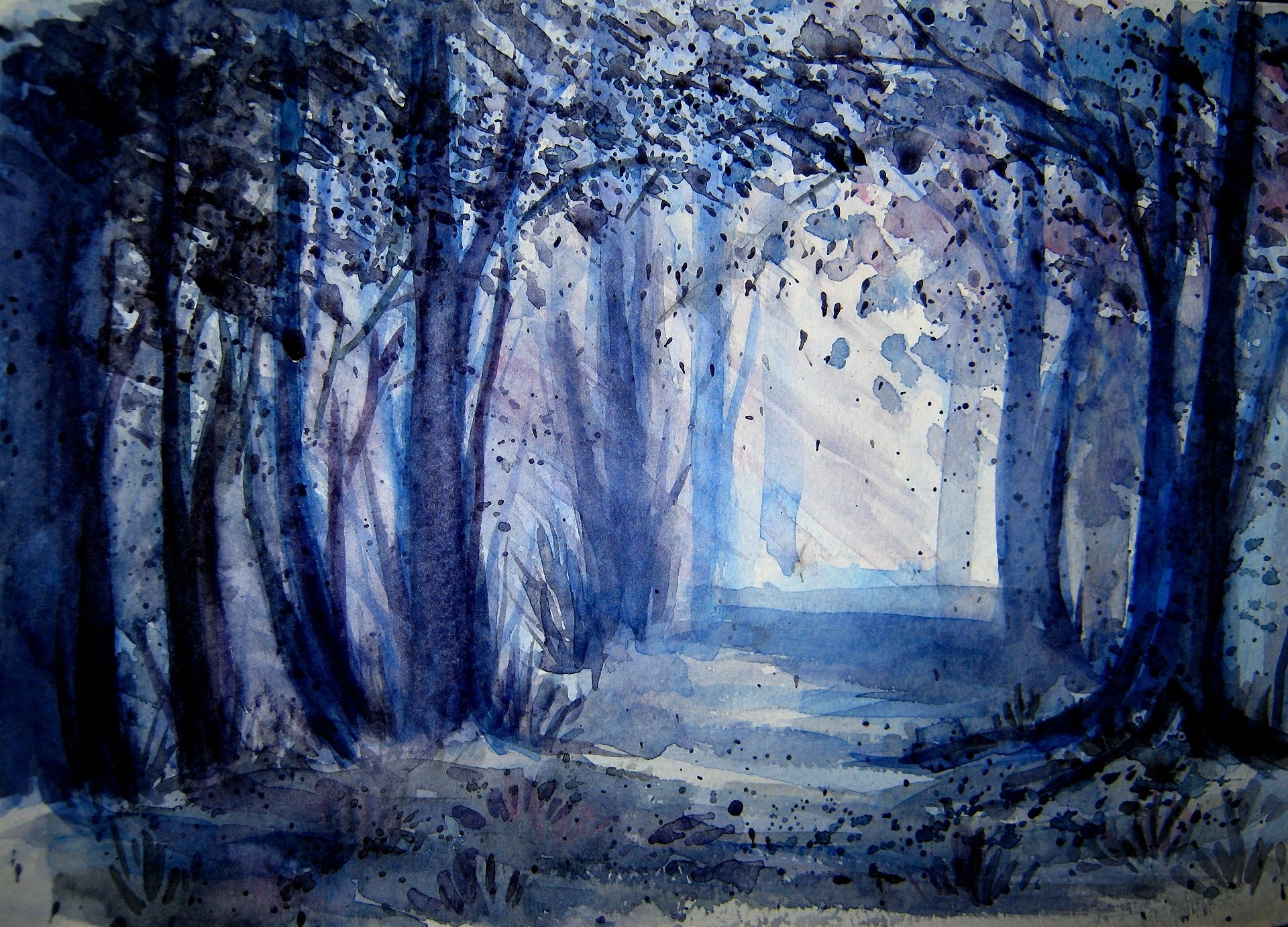 paysage peint aquarelle forêt arbres pénombre puits de lumière rayons