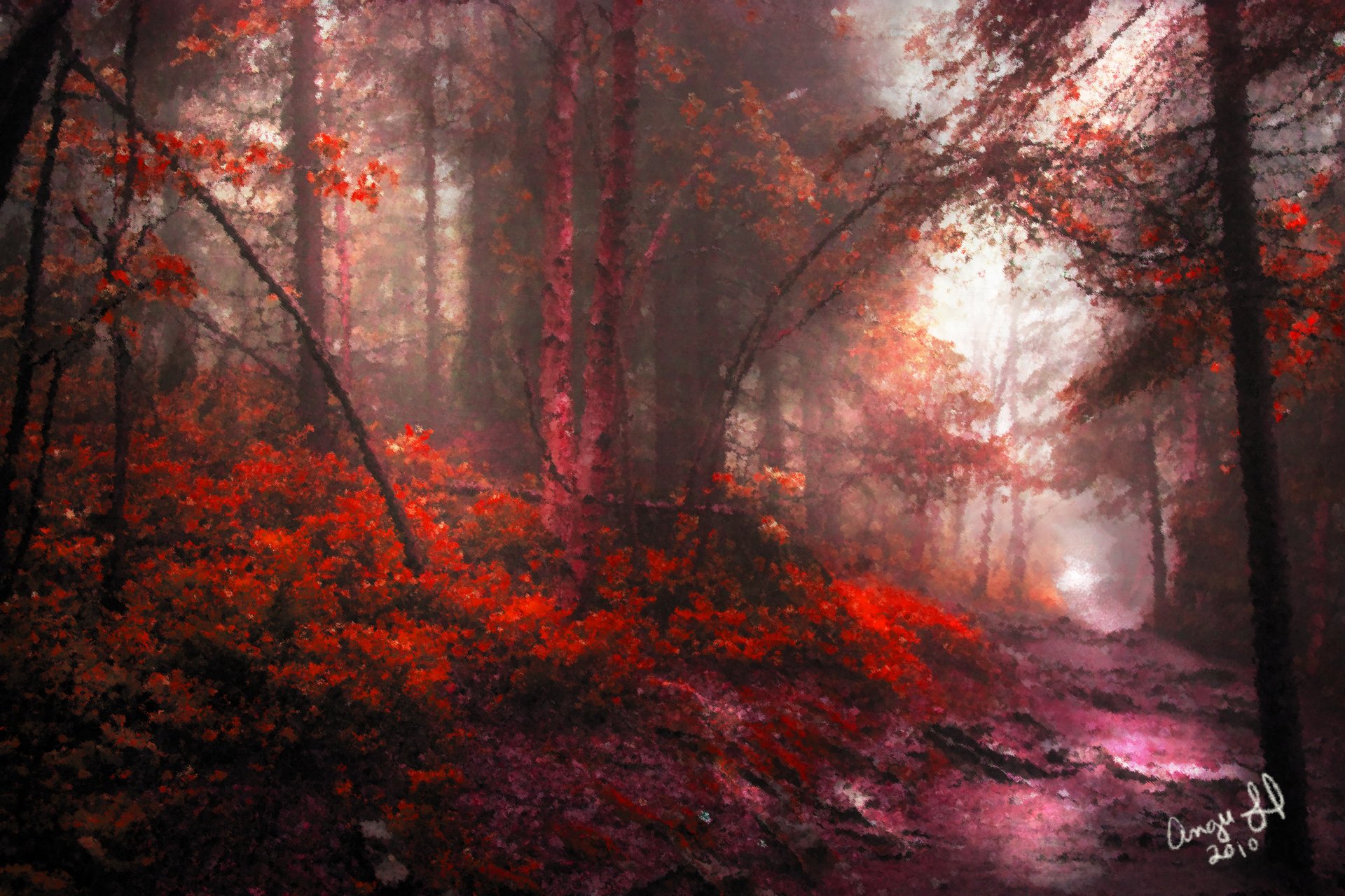 gemalte landschaft wald straße laub herbst