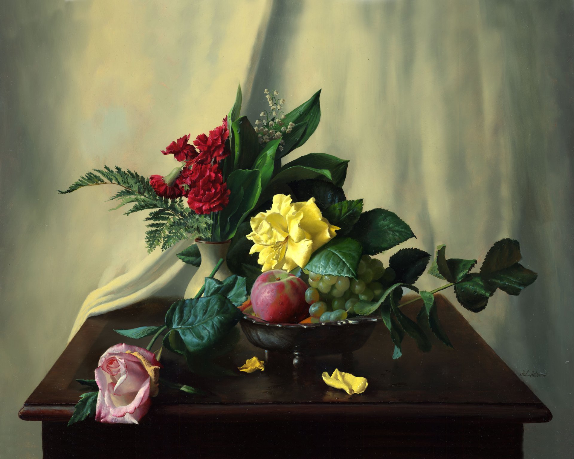 pattern still life table flower fruits berries roses carnations apples lily of the valley fern