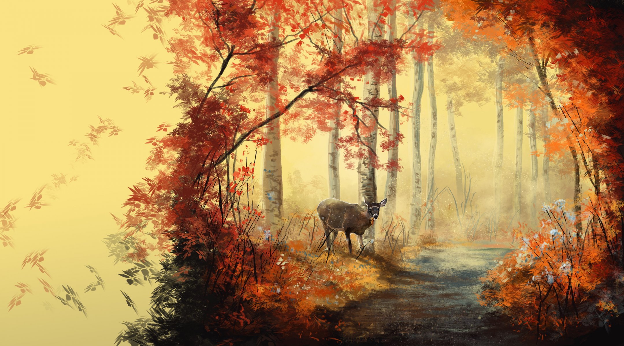 painting art animals track forest tree leaves autumn