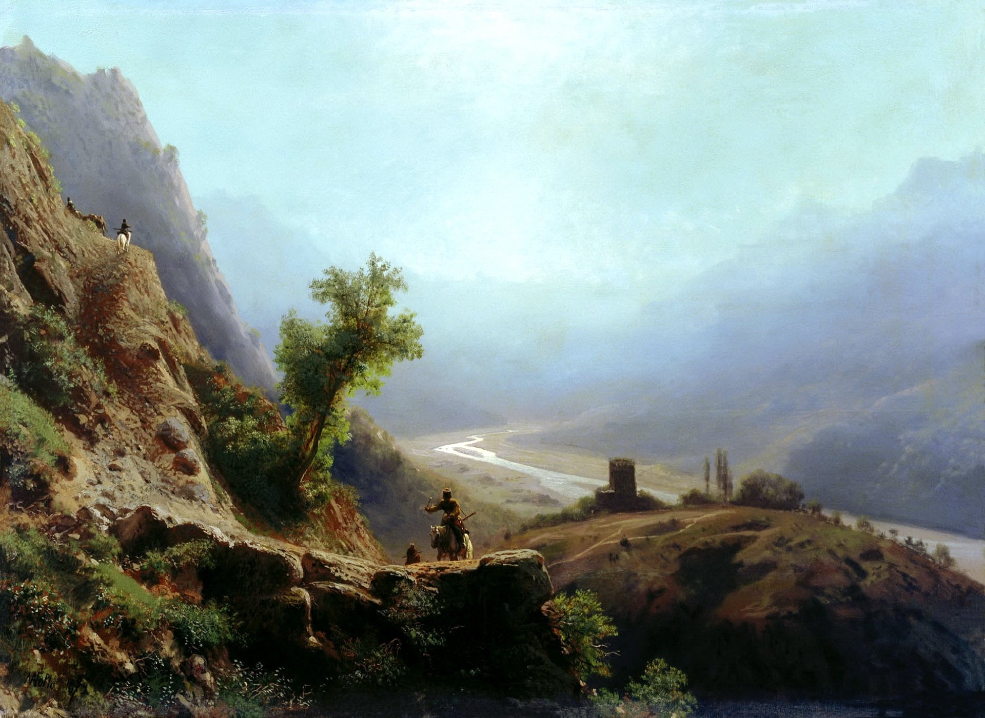 painting lagorio in the mountains caucasus pattern trail stones horse rider valley river sky haze