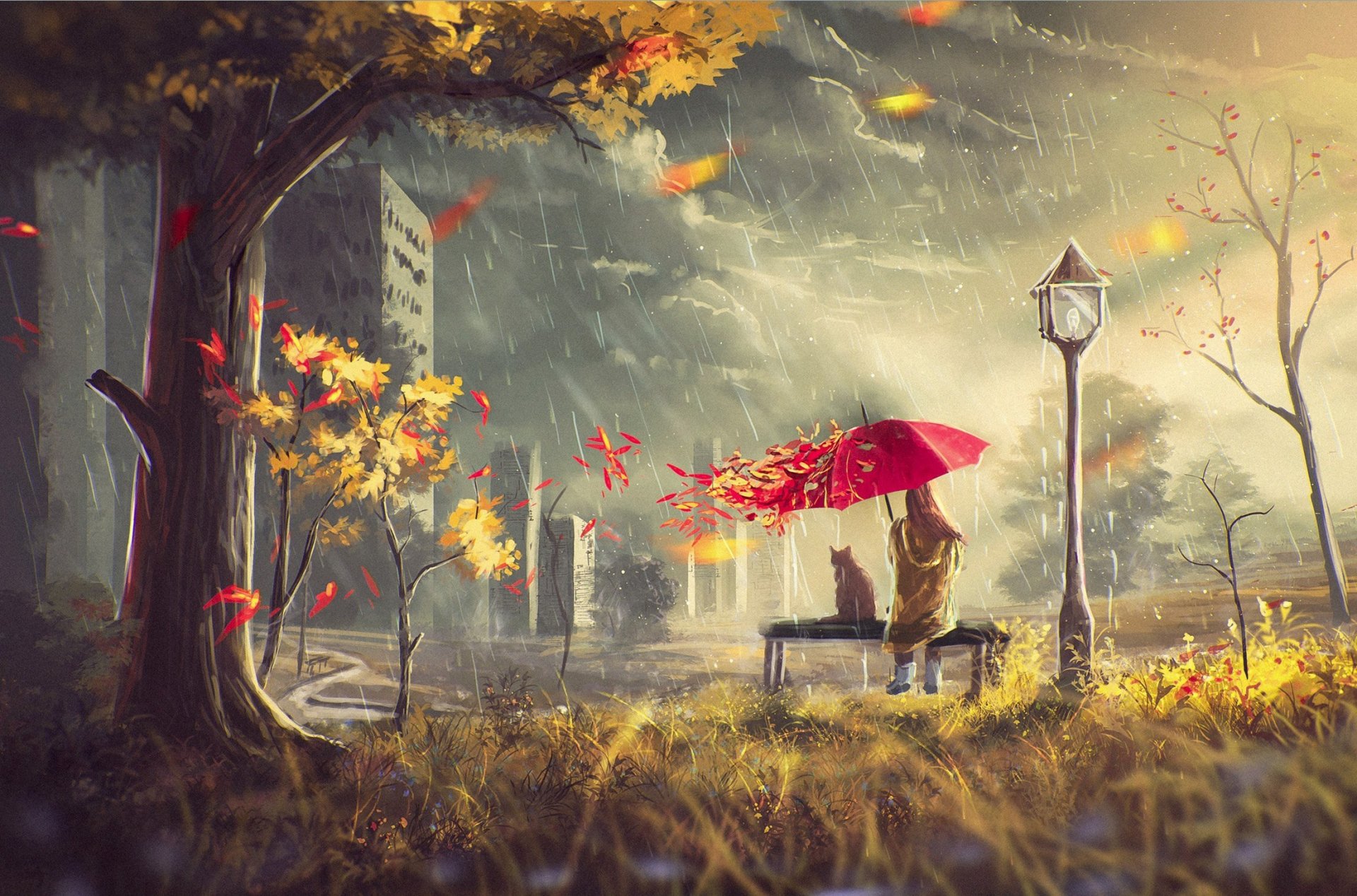 autumn street girl wind leaves umbrella cat house tree rain cloud