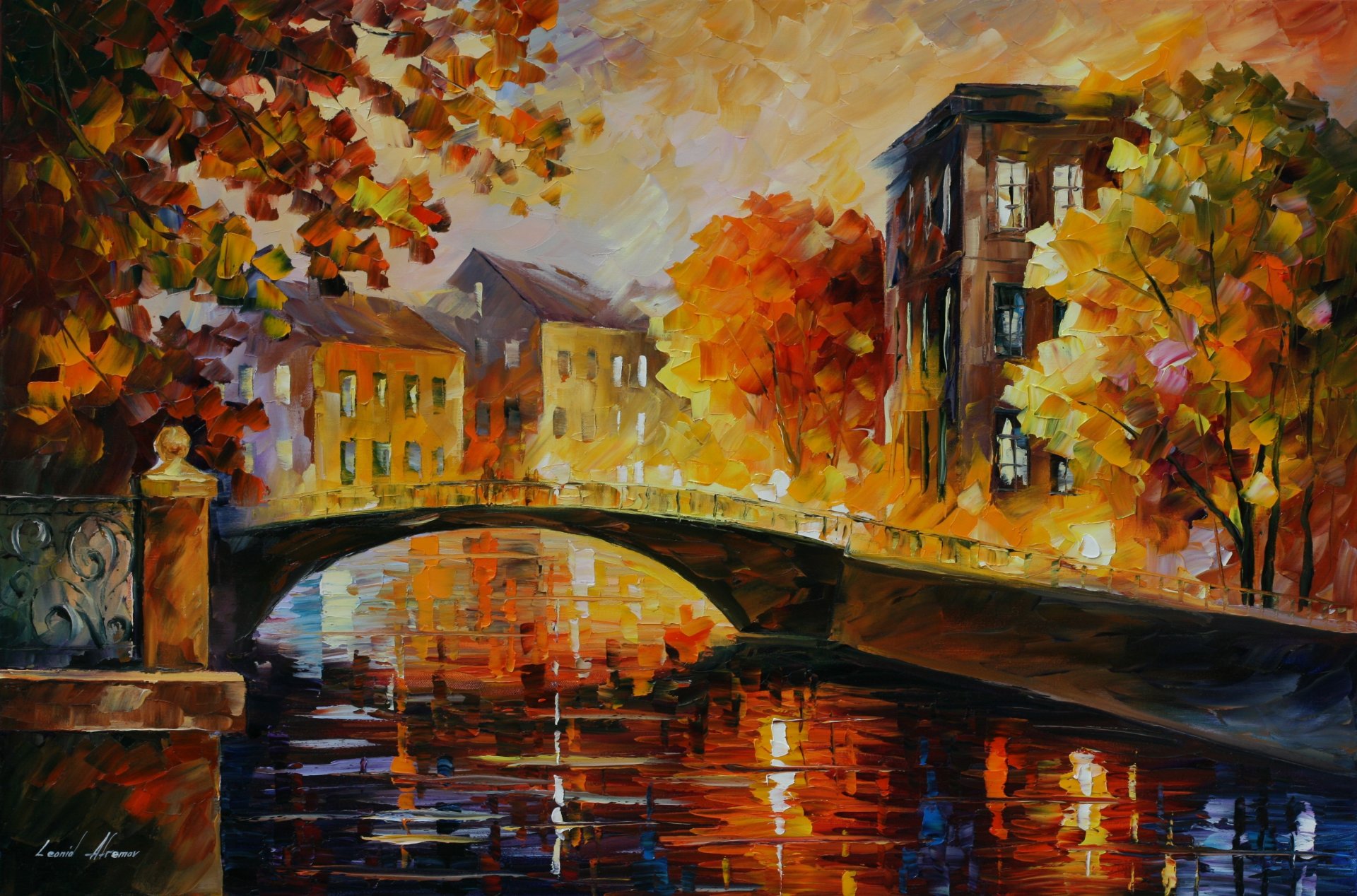 leonid afremov landscape city bridge house autumn tree