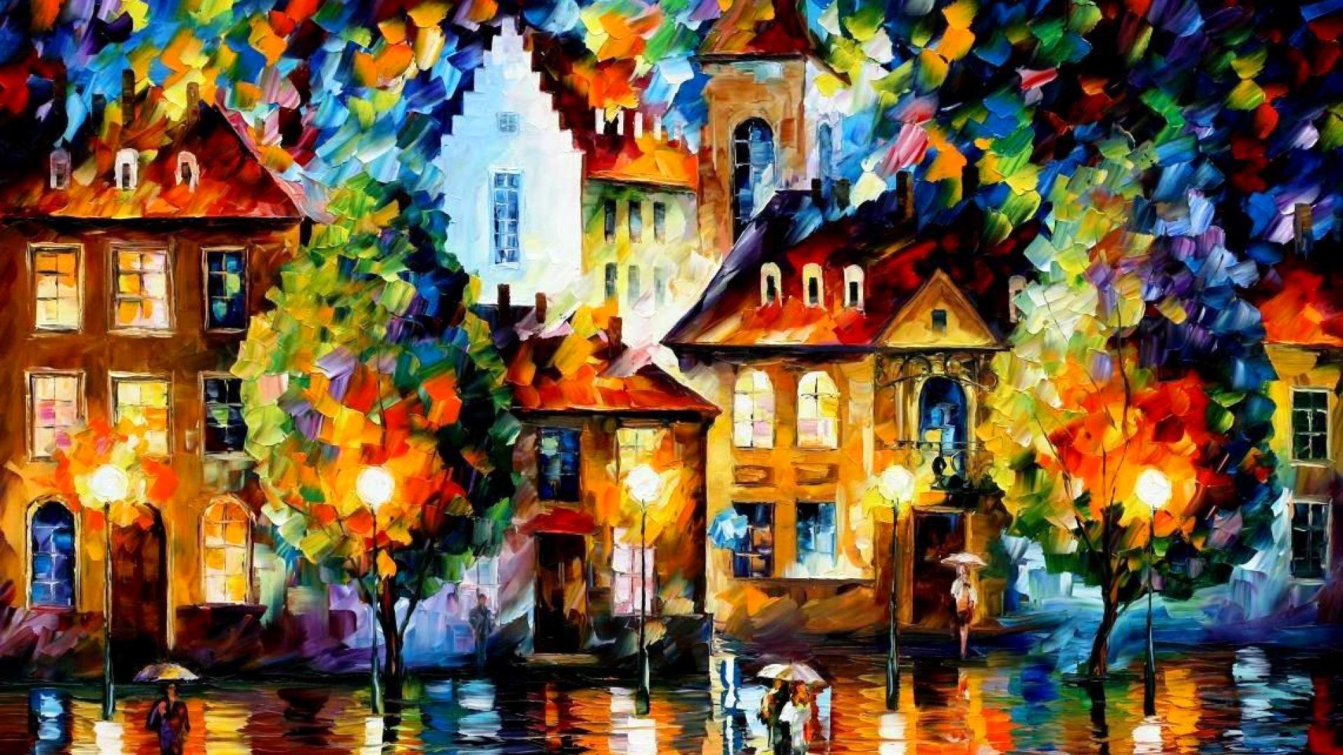 leonid afremov malerei landschaft stadt häuser straße bäume menschen regenschirm bewölkt farbe farben