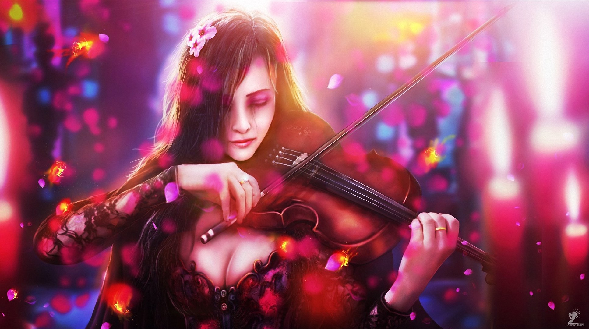 art fille violon tristesse poissons fleurs